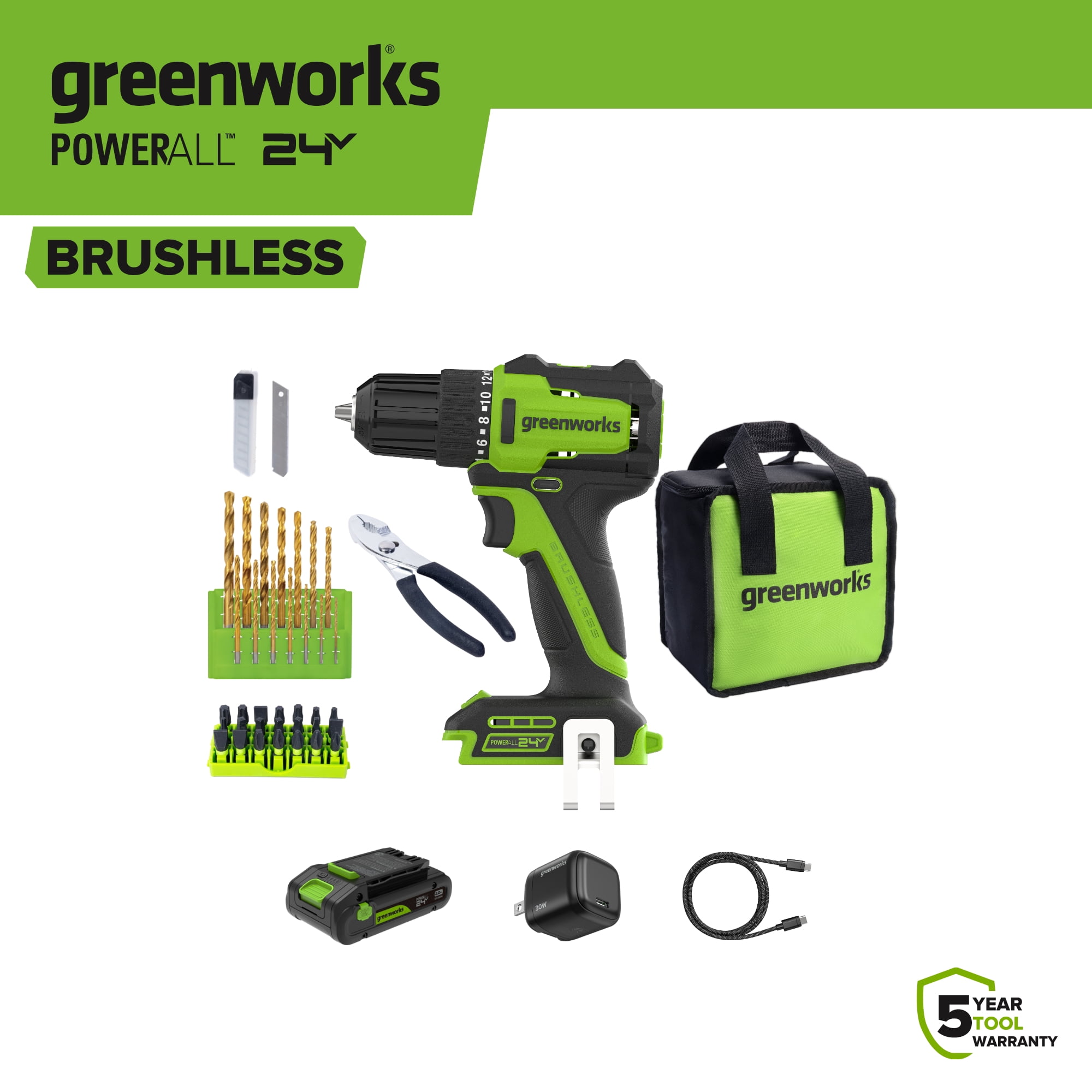 Greenworks 24V Cordless Drill Driver and Hand Tool Project Kit (Green, 1 Kit) jpj0h