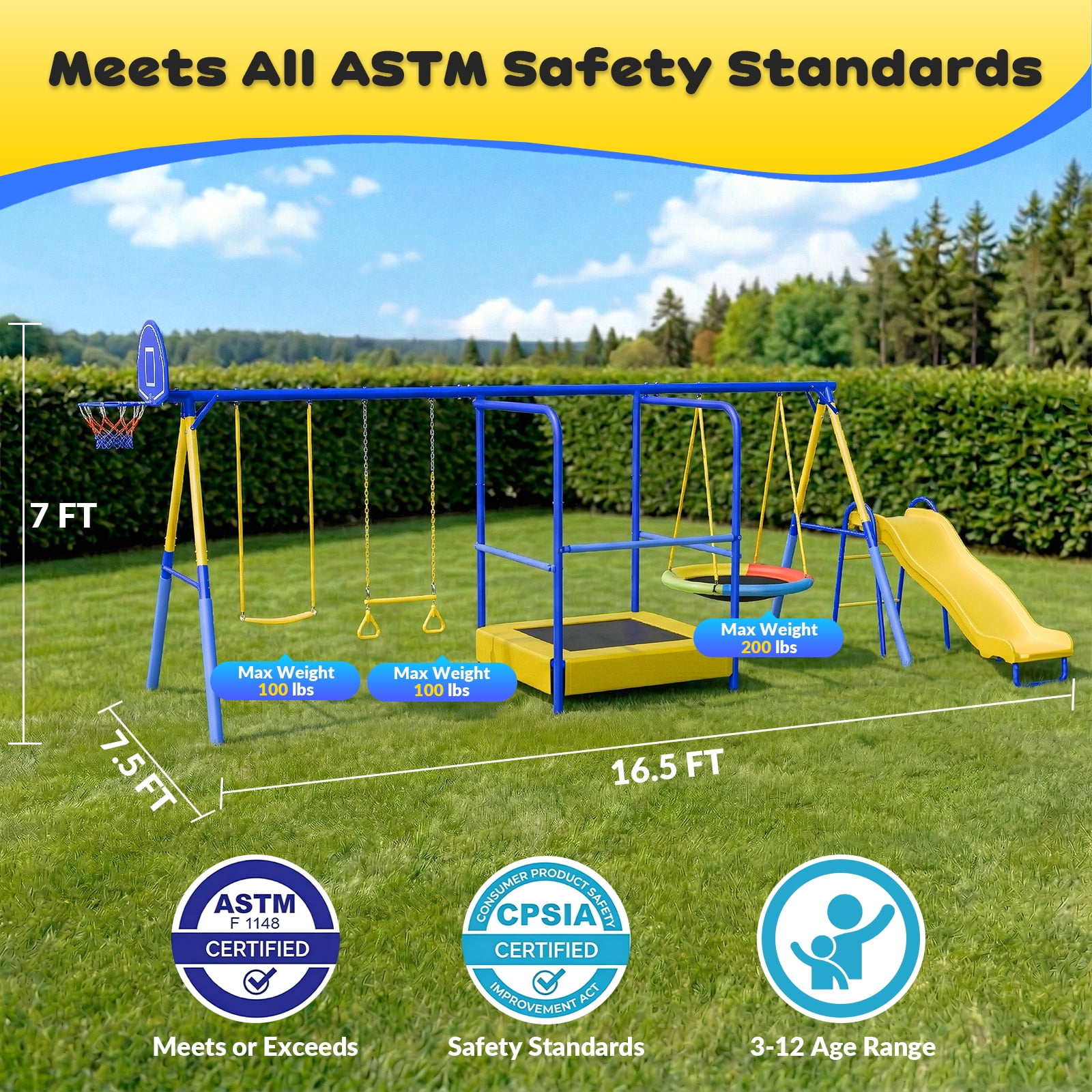 Gardwin Metal Swing Set with Trampoline and Slide (Yellow, 1000 lb Capacity) 9y98a