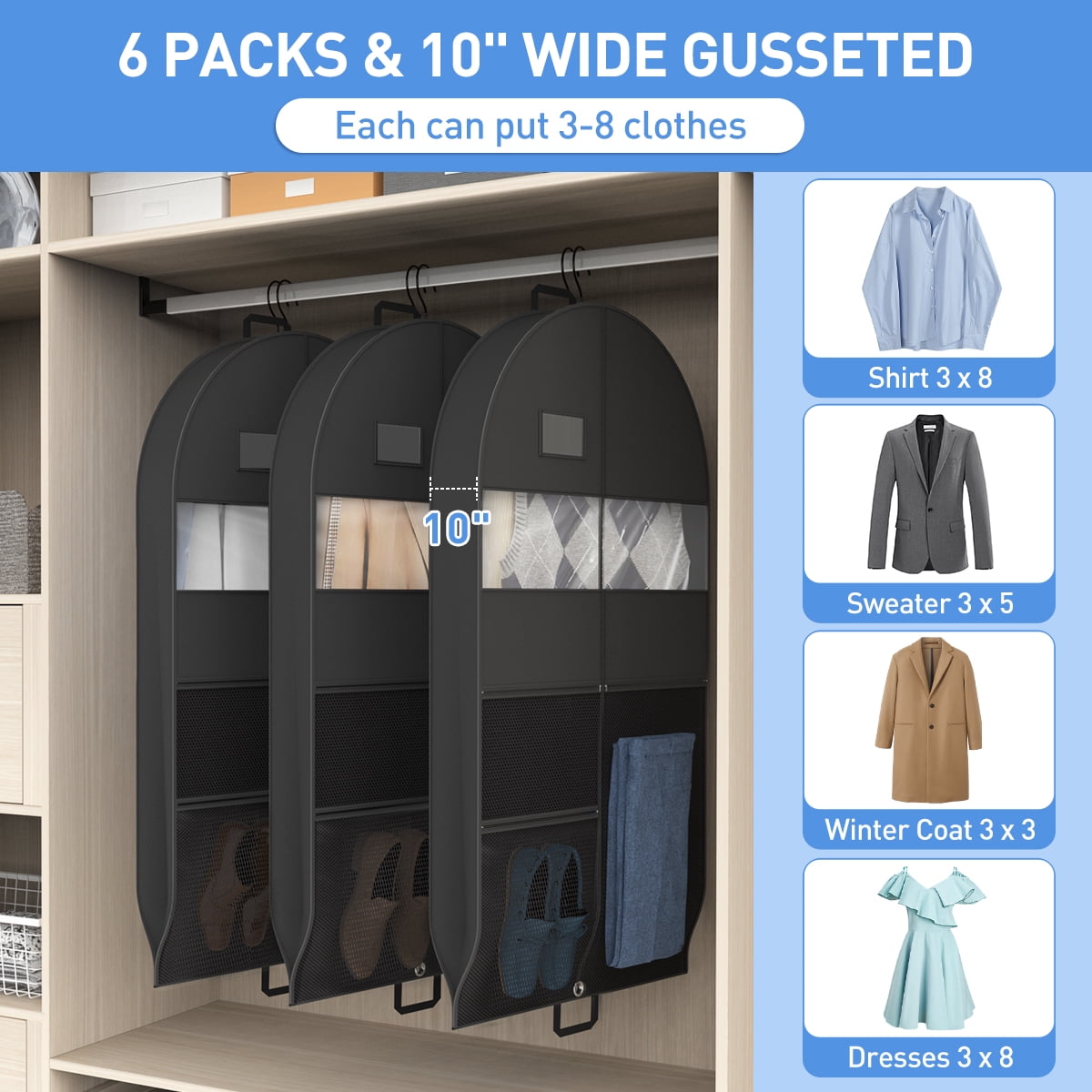 DAKOMM Garment Bag for Travel, Hanging Suit Cover with Pockets, Foldable Water-Resistant Storage for Suits and Dresses (Black, 51 in, 3 Pack) 7jqly