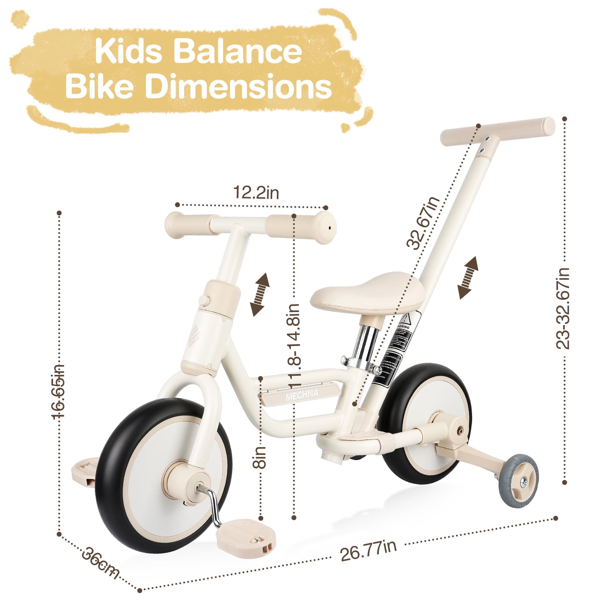 MEGHNA 4-in-1 Toddler Balance Bike with Pushbar and Detachable Training Wheels (White) 9g9z8