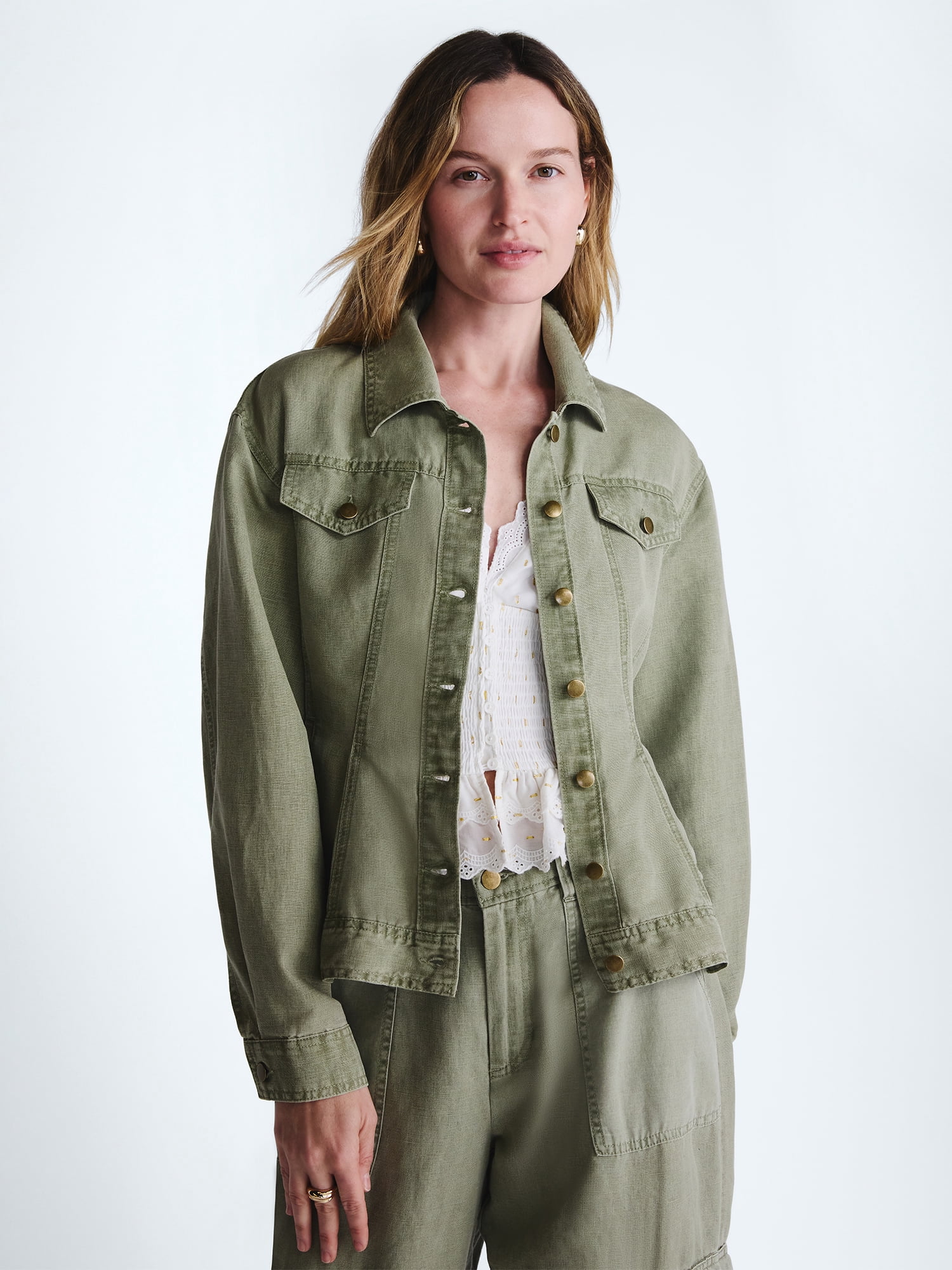 Scoop Women's Peplum Trucker Jacket, Relaxed Fit Button-Down Utility Outerwear (XS) uq02f