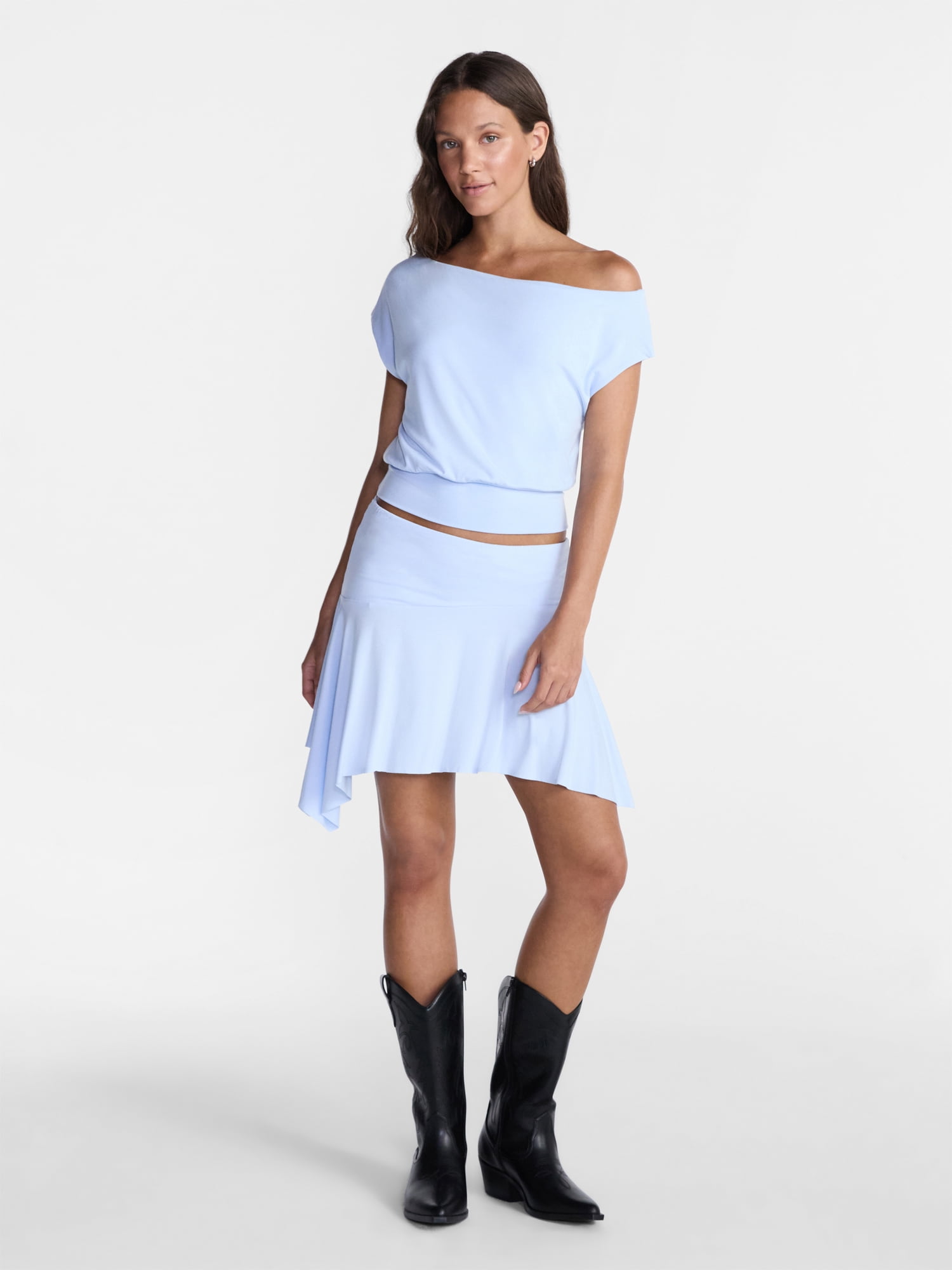No Boundaries Women's Asymmetrical Off-the-Shoulder Top with Banded Bottom (Blue, XXS) s2hm2