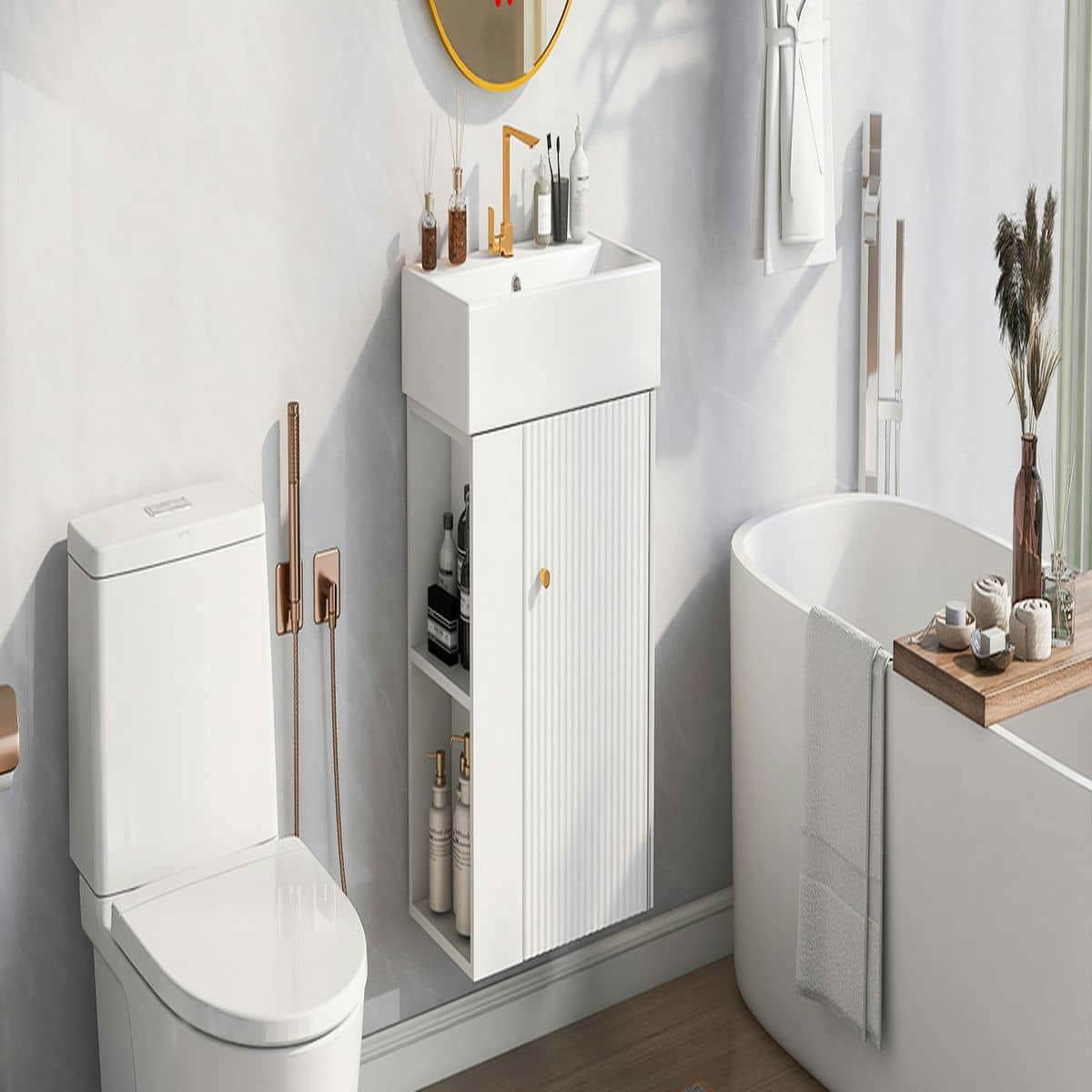 Kadyn Wall-Mount Bathroom Vanity, Modern Floating Vanity with Ceramic Basin and Left Side Storage (White, 21.6 in) 71b1h
