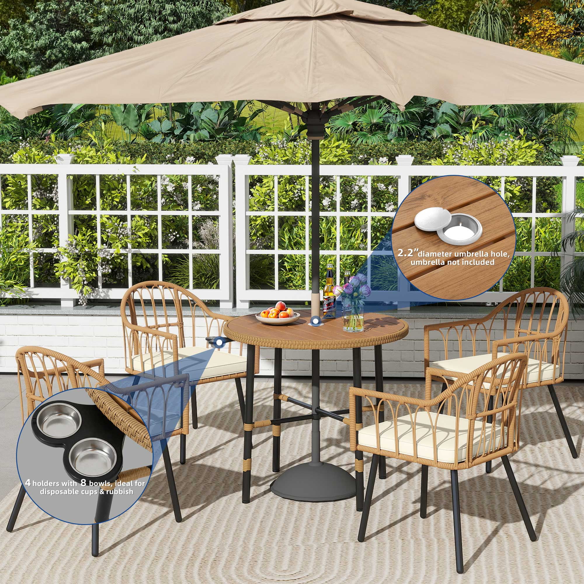 Uforic 5-Piece Outdoor Patio Dining Set, Rattan Wicker Chairs and Round Table with Umbrella Hole (Beige, 5-Piece Set) w85un