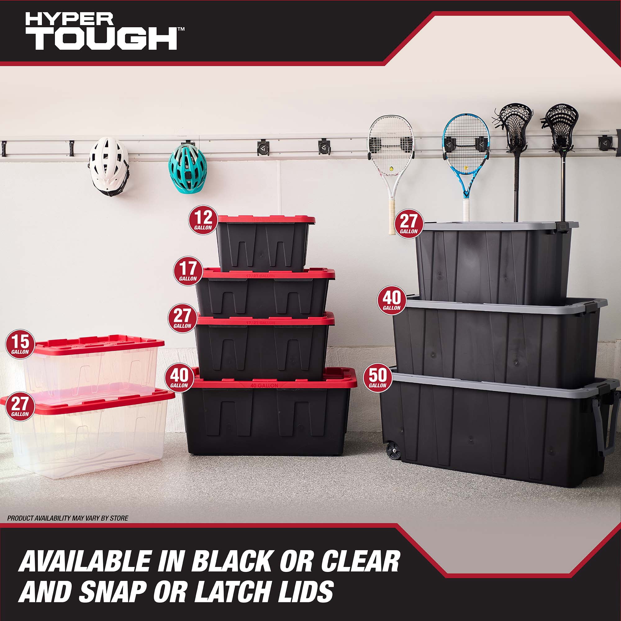 Hyper Tough 17 Gallon Heavy Duty Plastic Storage Bin with Snap Lid (Black and Red, 17 Gallon) osn3w