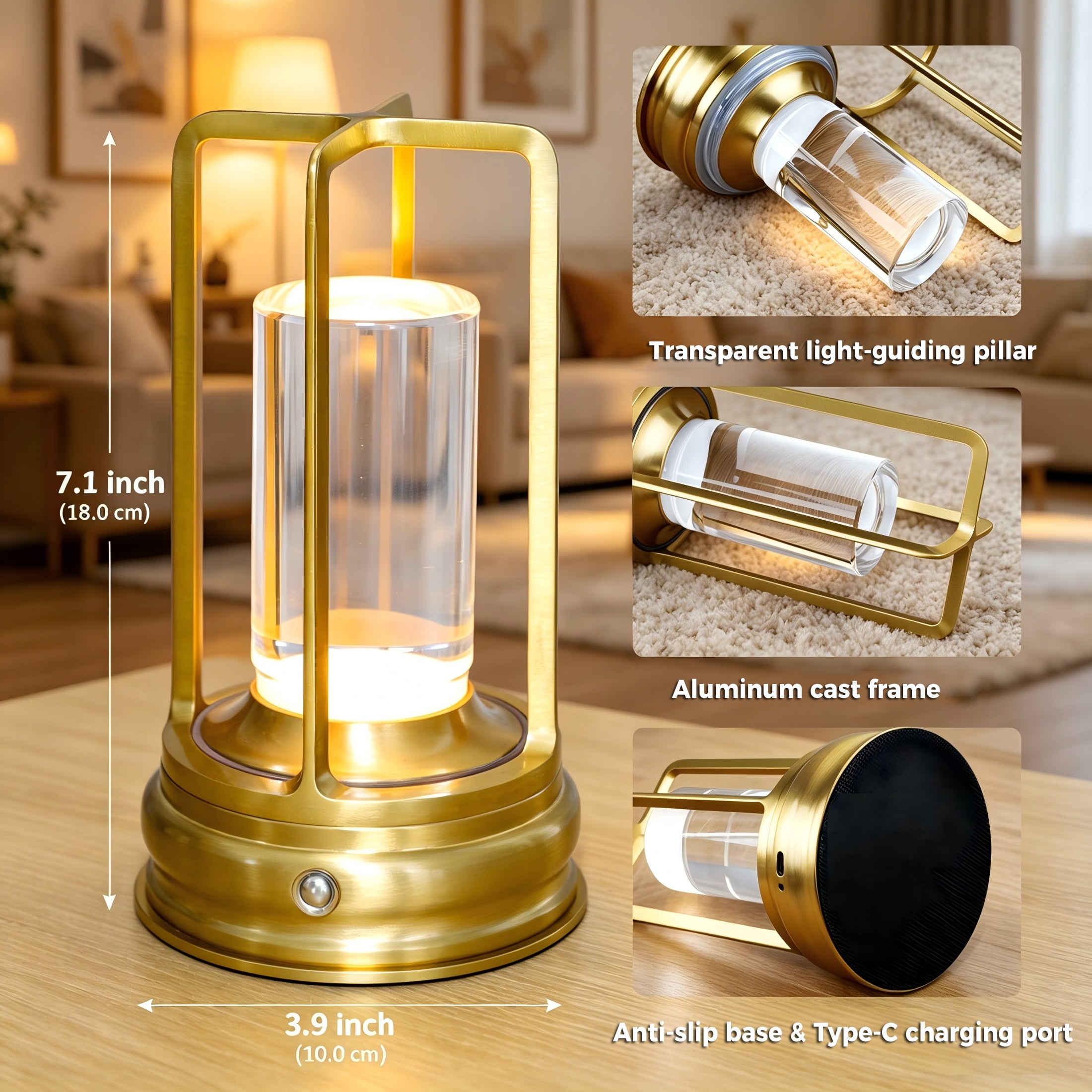 Cpeelsdo Cordless LED Table Lamp, Rechargeable Portable Metal Desk Light with Touch Control and 3-Color Dimming (Gold) hvqjo