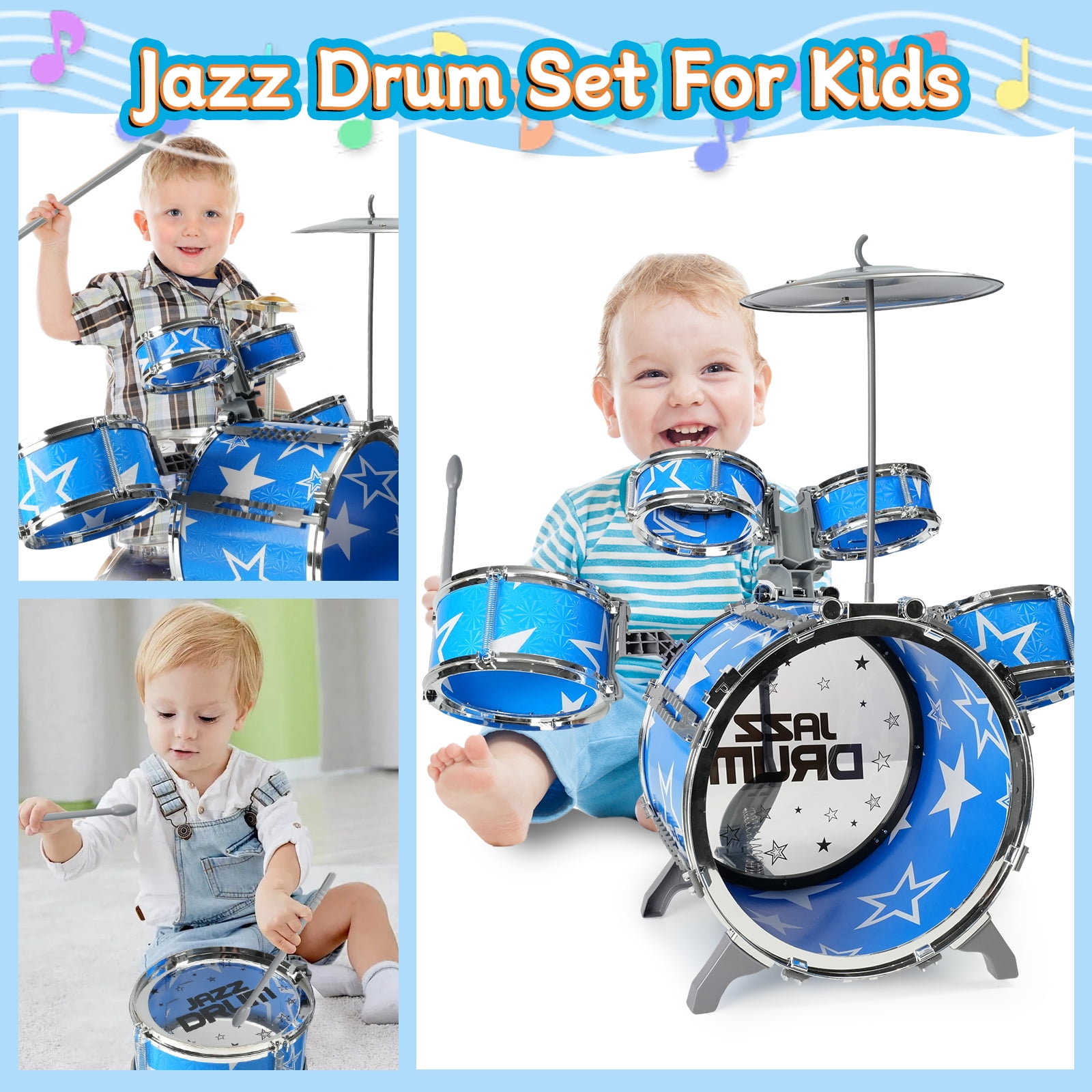 JBeeCtrl Kids Jazz Drum Set Musical Instrument with Chair and Pedal (Blue, 8-Piece Set) j4qzl