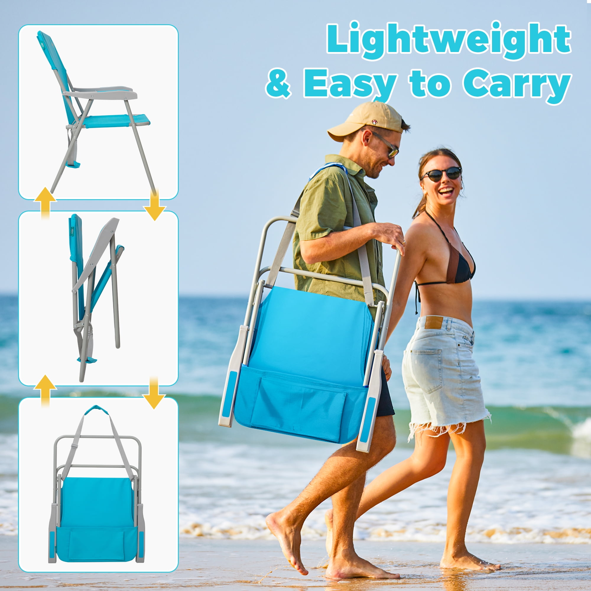 WEJOY Folding Backpack Beach Chair, High Back Outdoor Camping Seat with Storage Pocket (Blue, 300 lb Capacity) y9eff