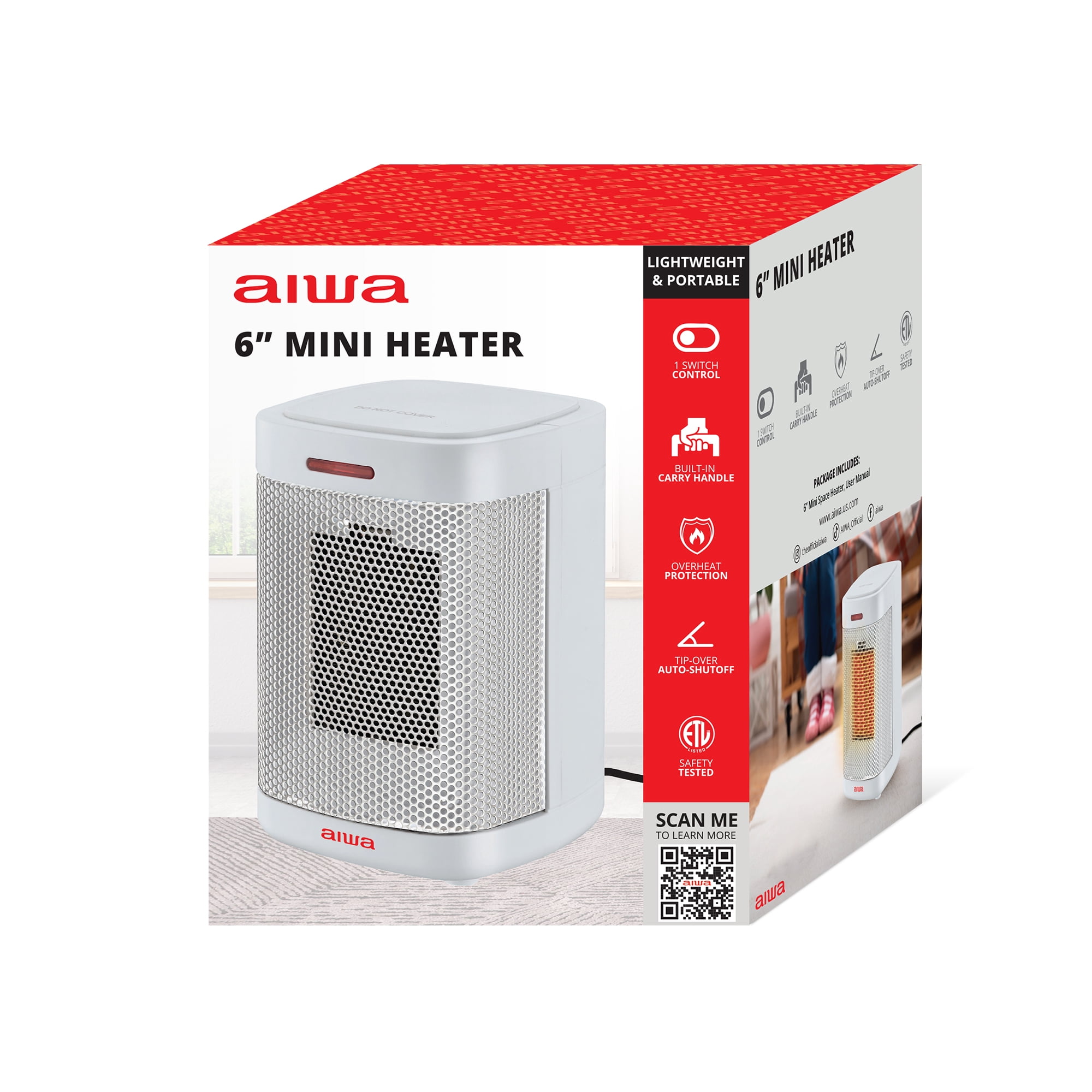 Aiwa Ceramic Space Heater, Mini Portable Electric Indoor Heater with Overheat Protection (White, 6 in x 4.3 in x 4.3 in) preor