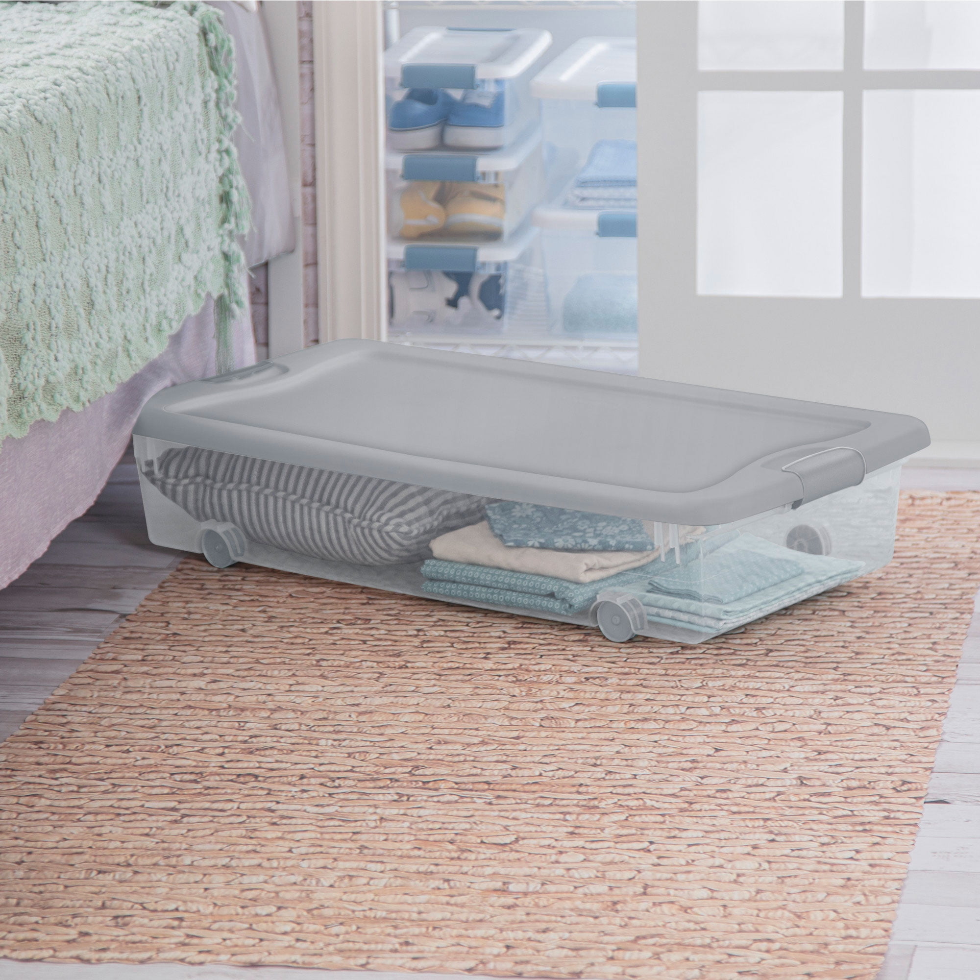 Sterilite 56 Qt Wheeled Under Bed Storage Container (Silver Tint, 12 Pack) 7okjw