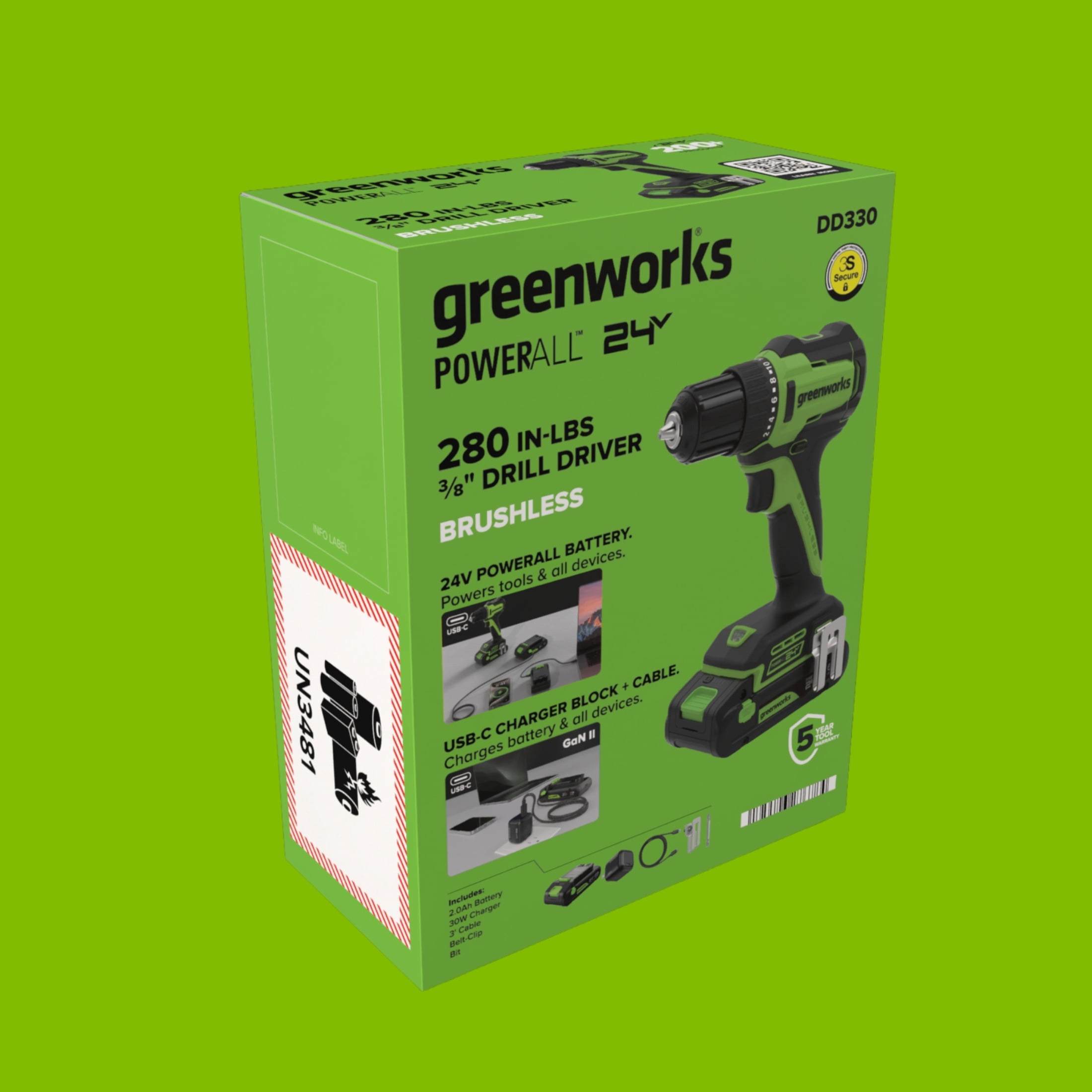 Greenworks PowerAll 24V Brushless 3/8 in Drill Driver with 2Ah USB-C Battery (280 in-lb, Compact) ma8v5