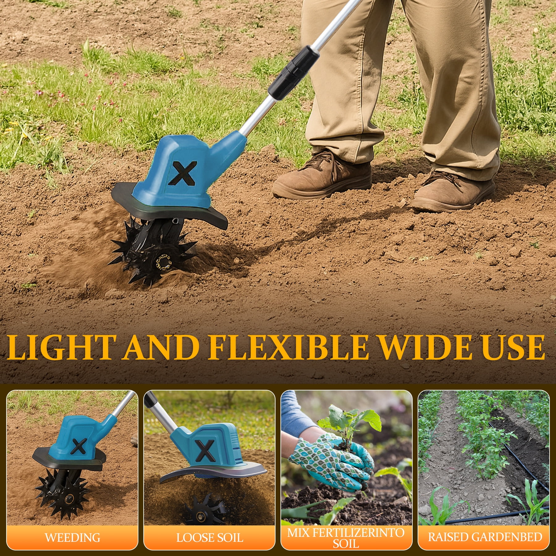 HUSGW 21V Cordless Electric Garden Tiller Cultivator, High-Torque Rotary Soil Tiller with 2 Batteries and Charger (9 in Width, 6 in Depth) r62x3