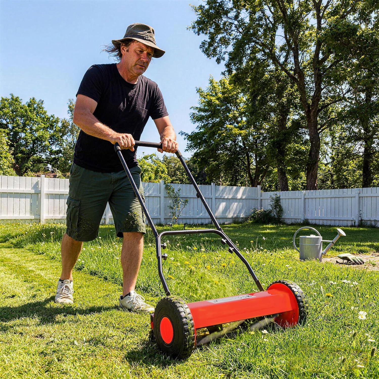 Yartaka 14in Push Reel Lawn Mower, 5-Blade Manual Walk-Behind Mower for Small Yards (Red, 14in) nmy5p