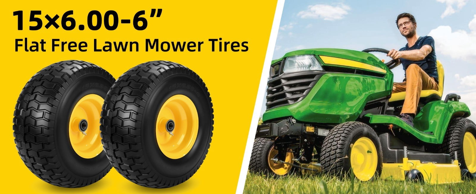 LOTMOVE 15x6.00-6 Flat-Free Lawn Mower Tire and Wheel Assembly (2 Pack, 500 lb Capacity, 3/4 in Bearing) 3uoew