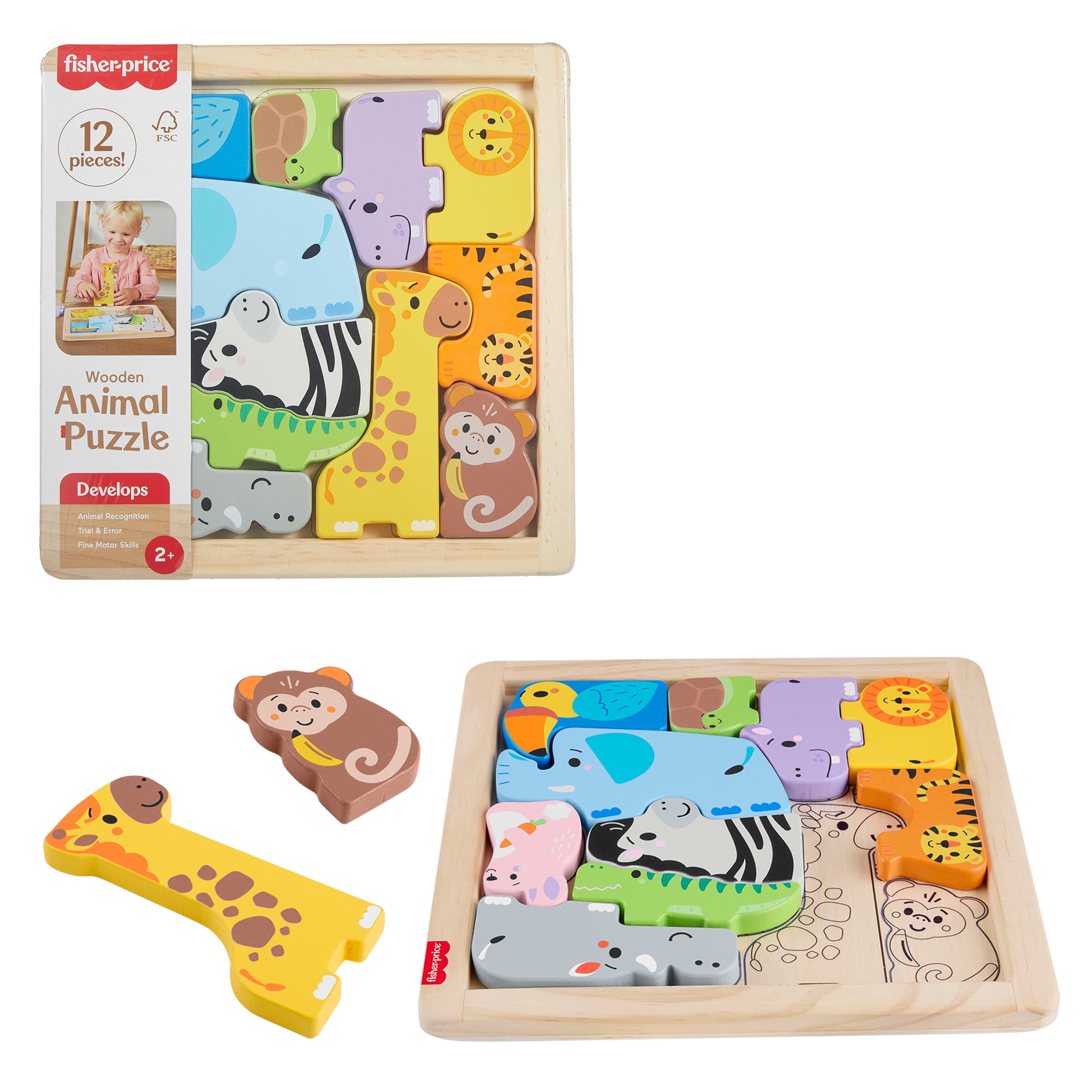 Fisher-Price Wooden Animal Puzzle, Shape-Sorting Activity Set for Toddlers (Multicolor, 12-Piece) n2dh8