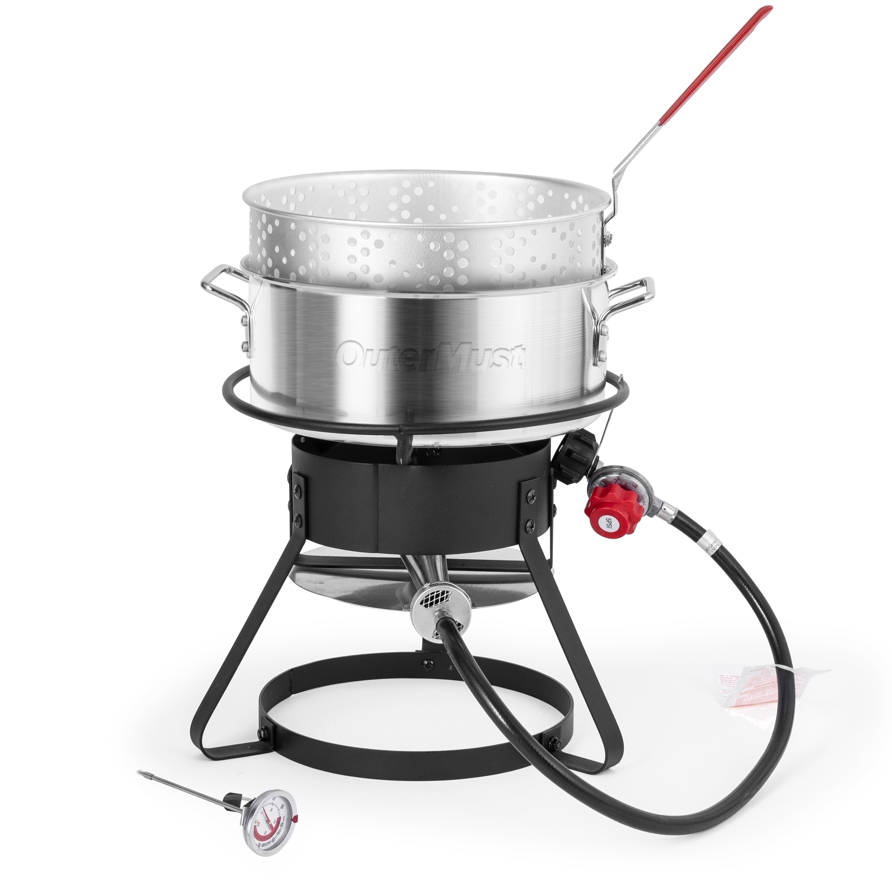 OuterMust Outdoor Deep Fryer Pot with Basket and Thermometer (11 qt, Silver) kmhb4
