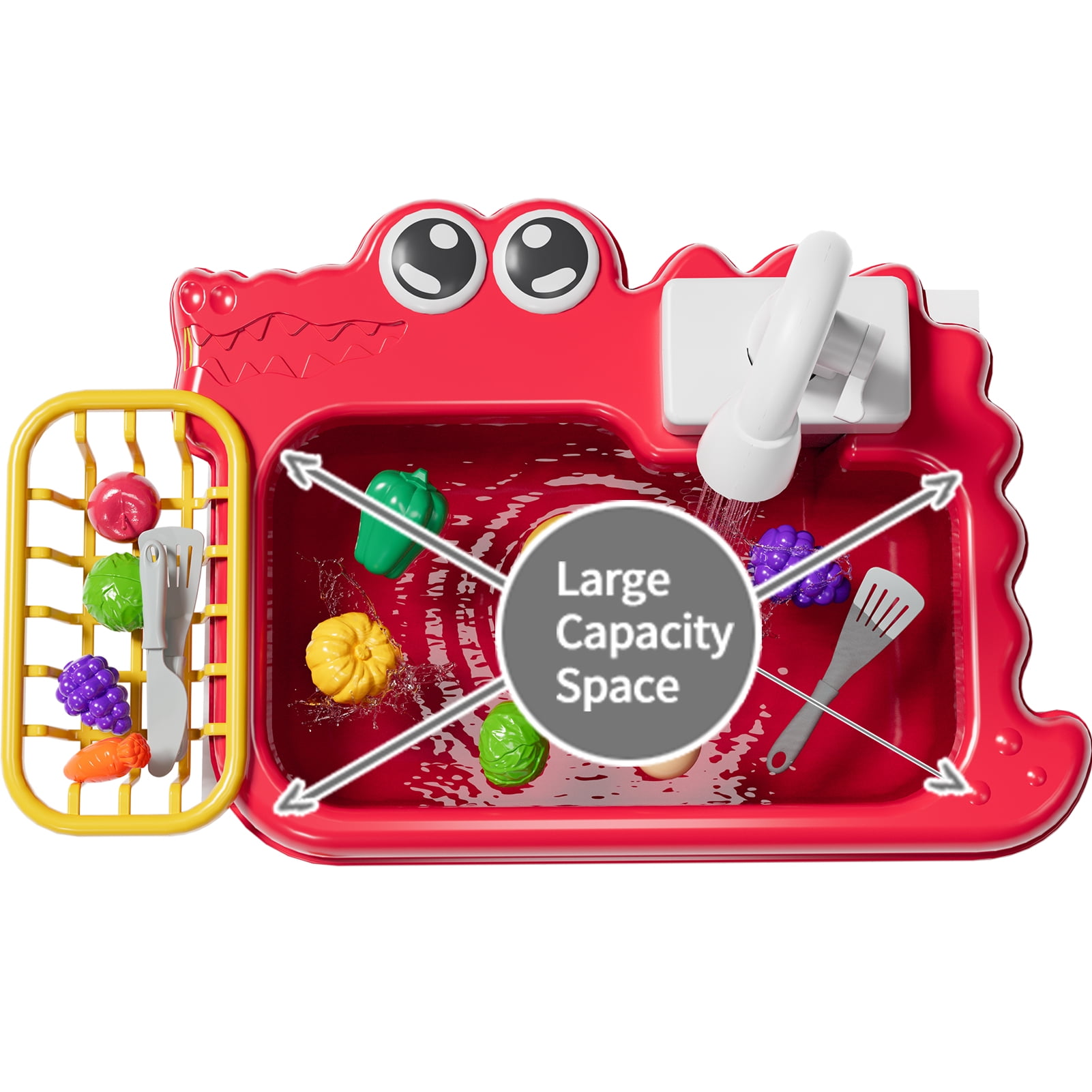 iHaHa Kitchen Play Sink Toy Set with Running Water and Pretend Food Accessories (Red, 18 Piece Set) 3gvht