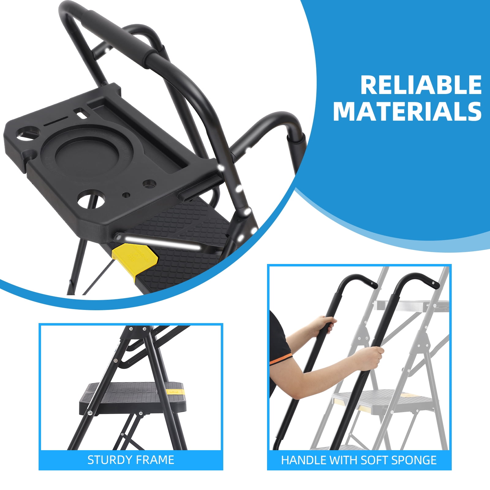 KINGRACK 5 Step Folding Ladder, Heavy-Duty Steel Step Stool with Tool Tray and Anti-Slip Pedals (Black, 800 lb Capacity) mvhq5
