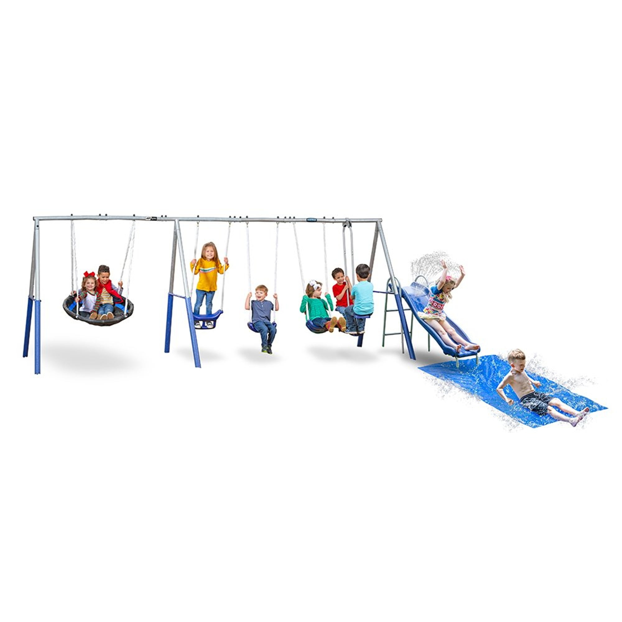 XDP Recreation Outdoor Playground Set with Water Slide and Super Disc Swing (Blue, 196 in x 102 in x 74 in) f0t2w