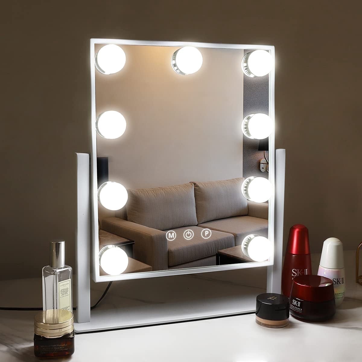 Fenchilin Vanity Makeup Mirror with Lights, 360 Degree Swivel Tabletop Mirror, Adjustable Brightness & 3 Color Modes (White, 12 in x 14 in) 0yz6e