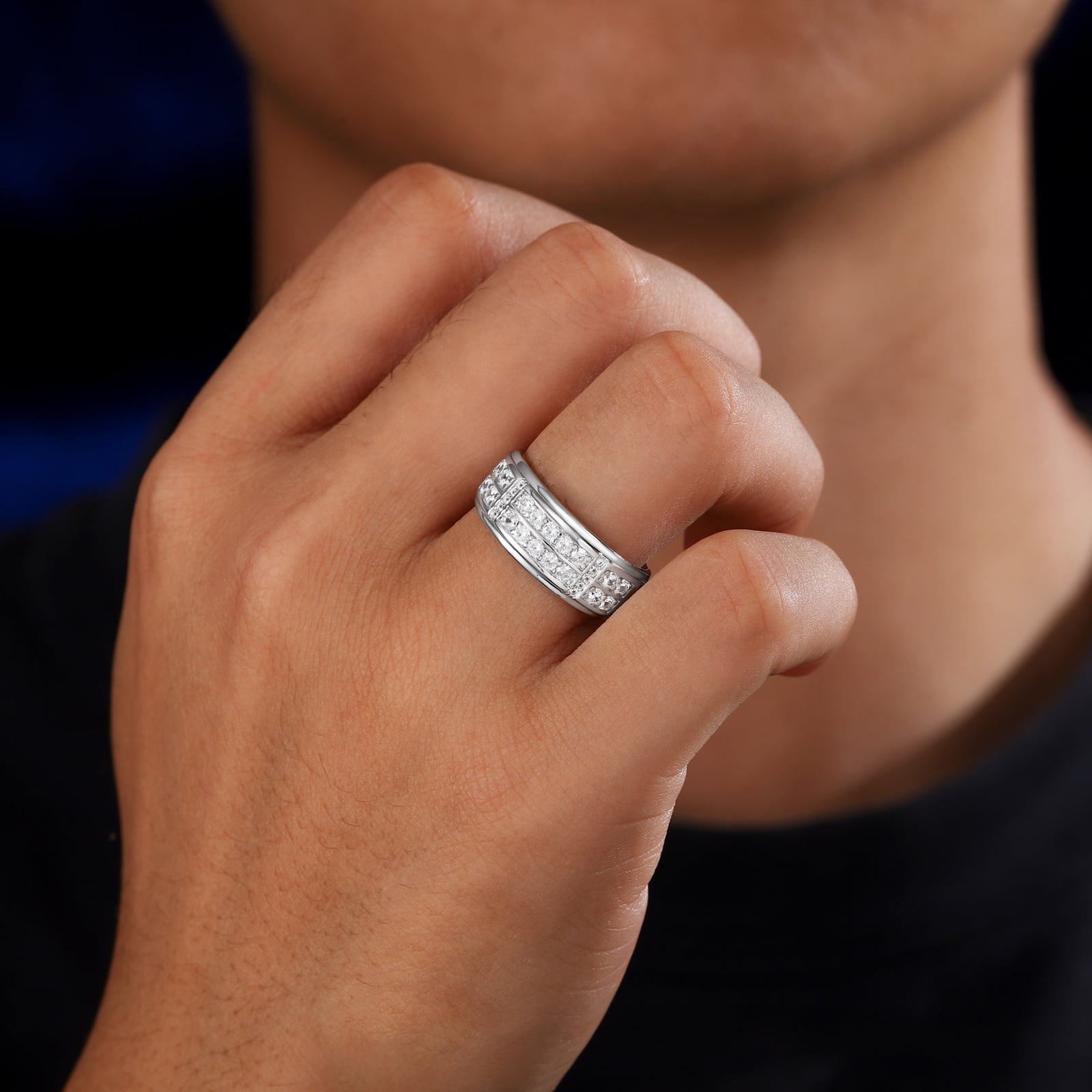 SFTING Men Wedding Band 925 Sterling Silver 2 Row Round Cut 5A CZ Promise Ring (Silver, Size 9) 8yw2r