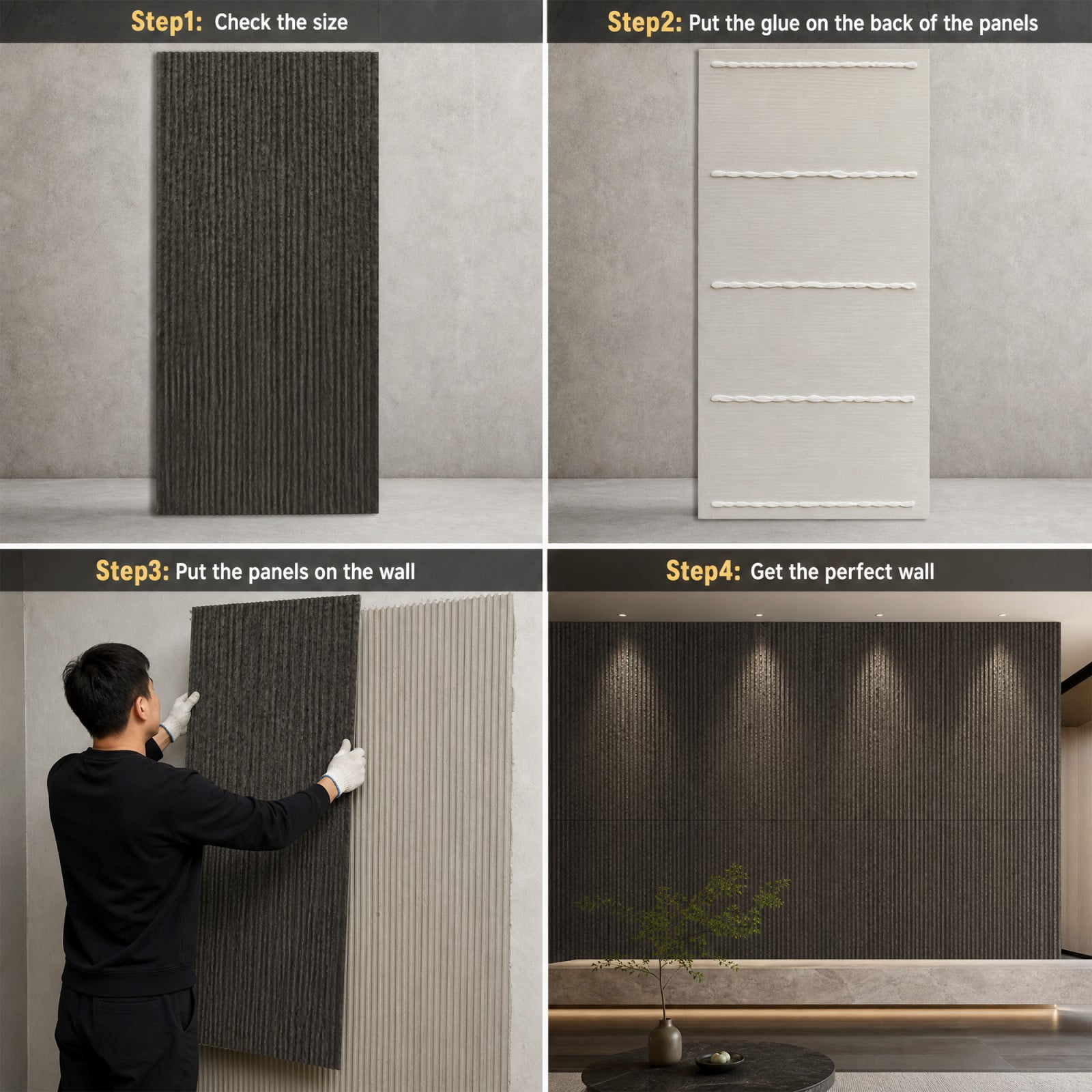 BEAUTYPEAK 3D Wall Decor Panels Faux Stone Siding for Interior Design (Carbon Black, 48 in x 24 in, 4 Pack) fdxln