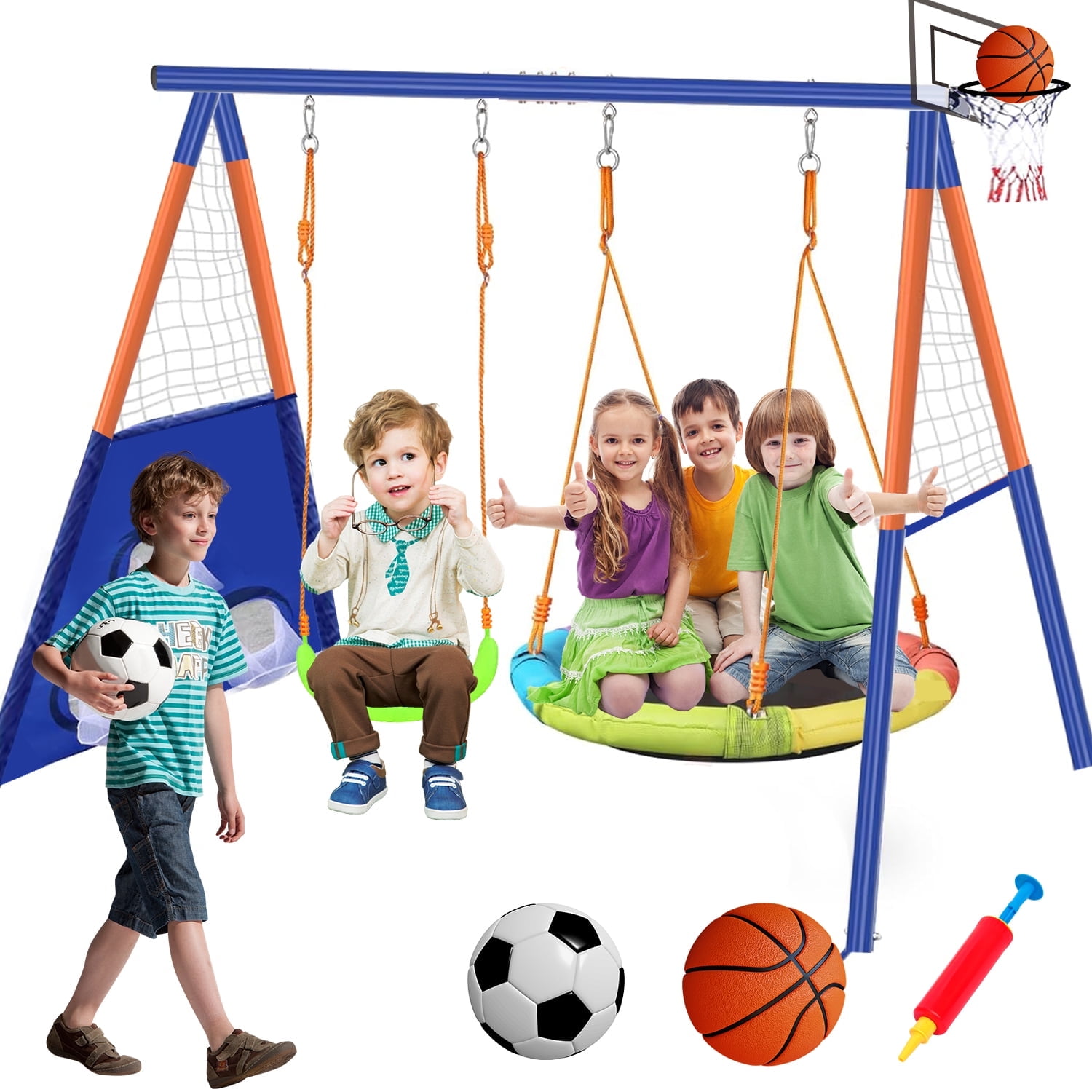 Camkey Heavy Duty Metal Swing Set for Kids with Saucer and Belt Seats (Blue, 440 lb Capacity) n77fa