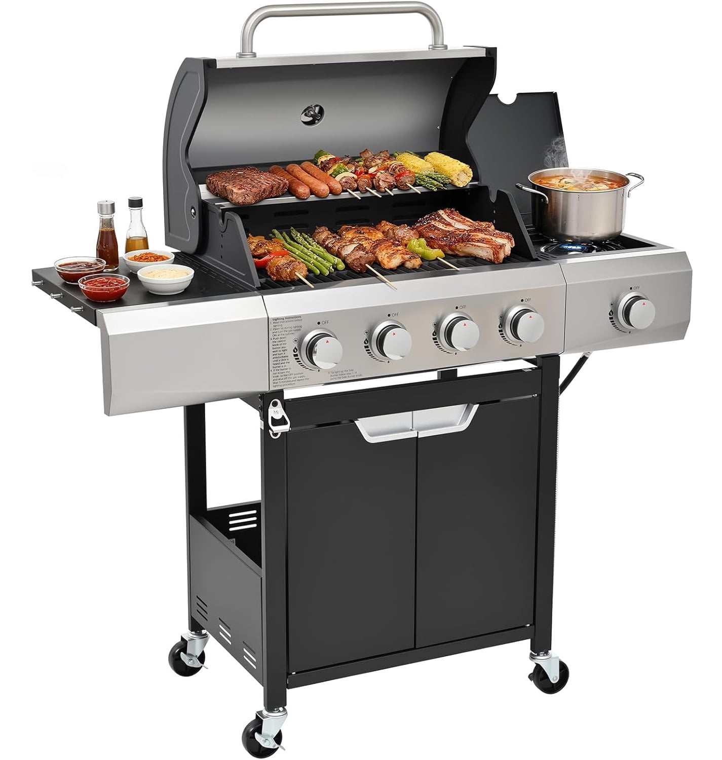 Aminy 4-Burner Propane Gas Grill with Side Burner, Stainless Steel Outdoor BBQ Grill with Lid and Wheels (Silver, 46790 BTU) 15j24