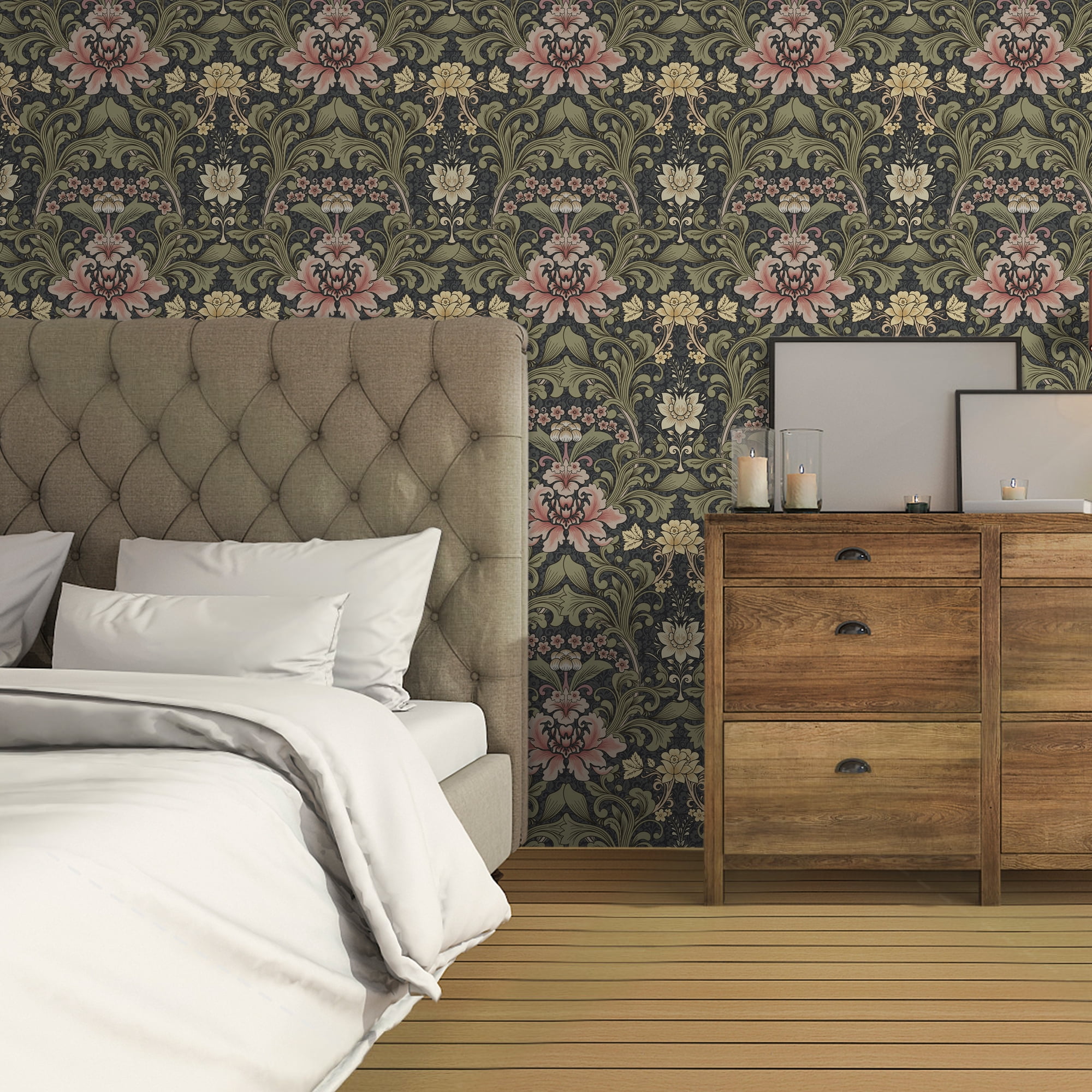 UMIGGEE Floral Boho Retro Peel and Stick Wallpaper, Self-Adhesive Removable Wall Covering for Home Decor and Furniture (Green, 17.7 in x 118 in) 026t9