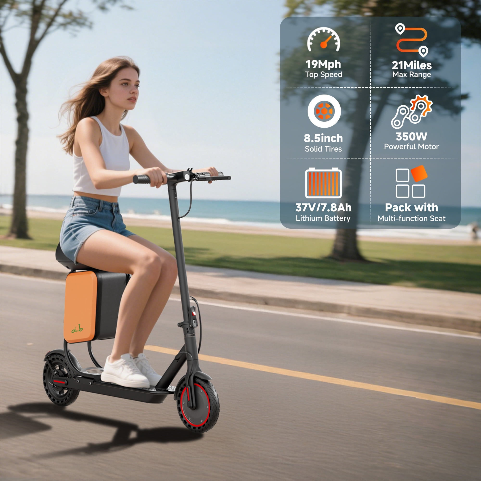 Riuiio Electric Scooter with Seat, 19MPH Commuter E-Scooter, 21-Mile Range, 350W Motor, Foldable Design with Storage Bag (Black, 31 lb) jseoc