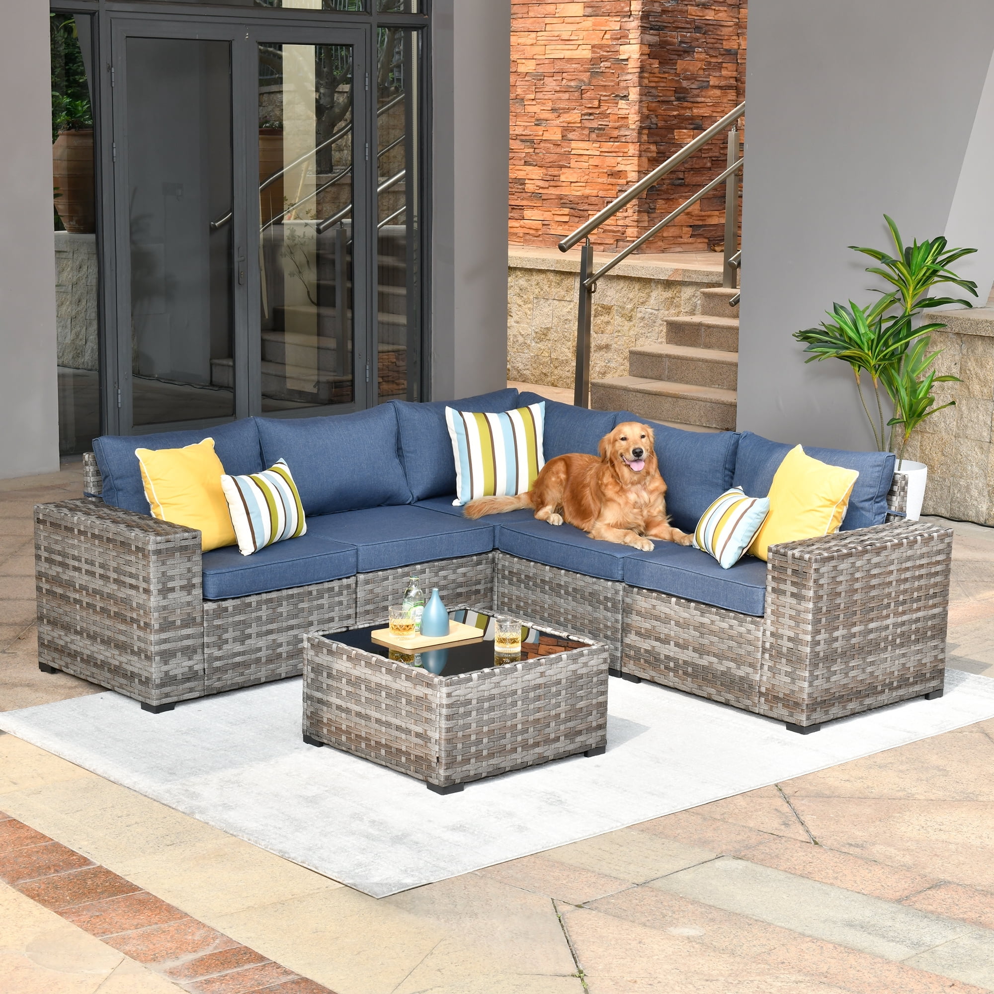 Ovios 6-Piece All-Weather Wicker Outdoor Sectional Sofa Set with Side Table (Blue, 6-Piece) ur444
