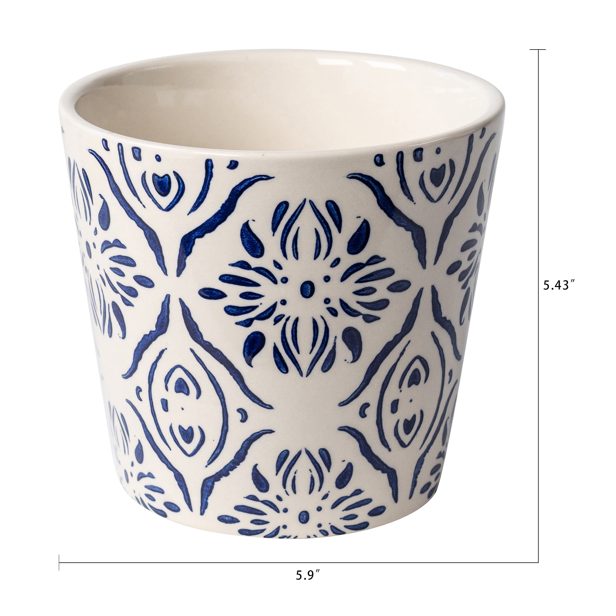 Mainstays Round Ceramic Plant Planter with Medallion Pattern (Blue, 6 in x 5.5 in) e8dna