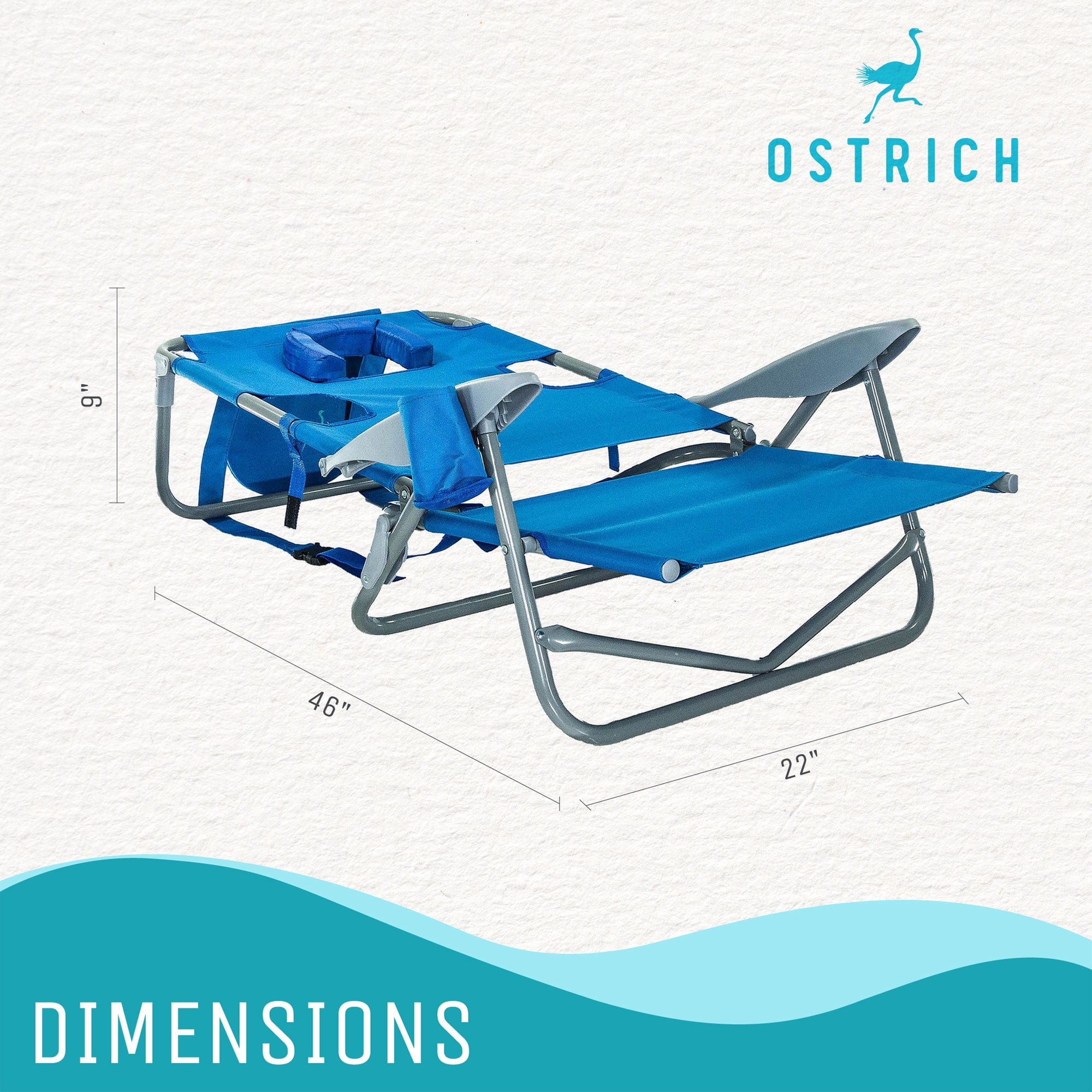 Ostrich On-Your-Back Outdoor Reclining Beach Chair with Face Cavity (Blue, 46 x 24 x 33 in) fw156