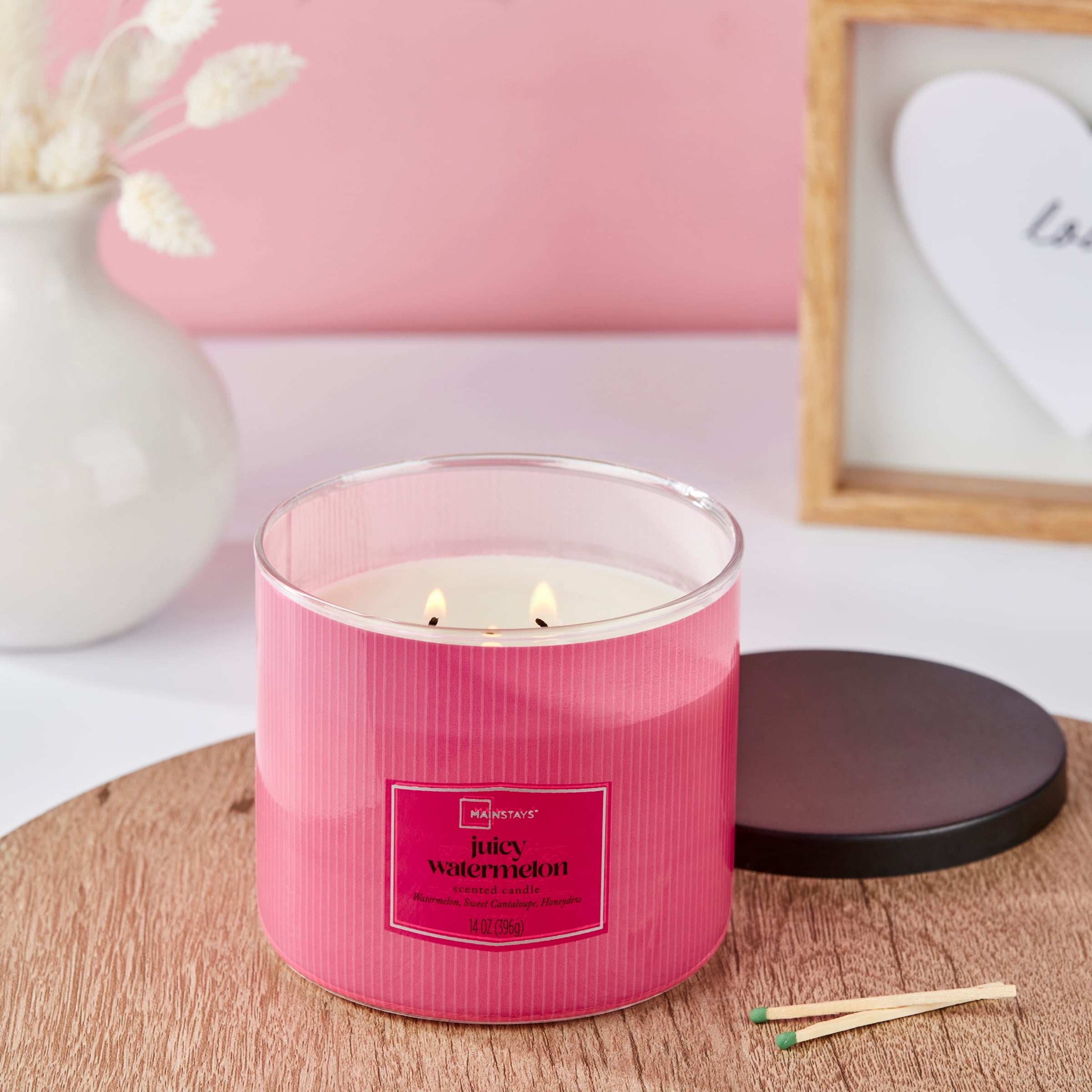 Mainstays 3-Wick Scented Candle, Juicy Watermelon Fragrance with Decorative Wrap (Red, 14 oz) c44ch