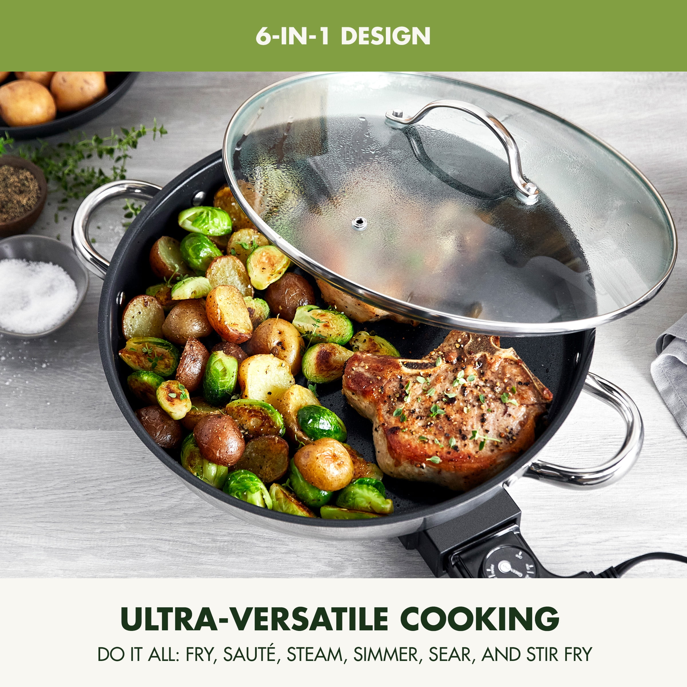 GreenPan Stainless Steel Electric Skillet with Ceramic Nonstick Coating (Silver, 12 in, 3.3 qt) 9en3k