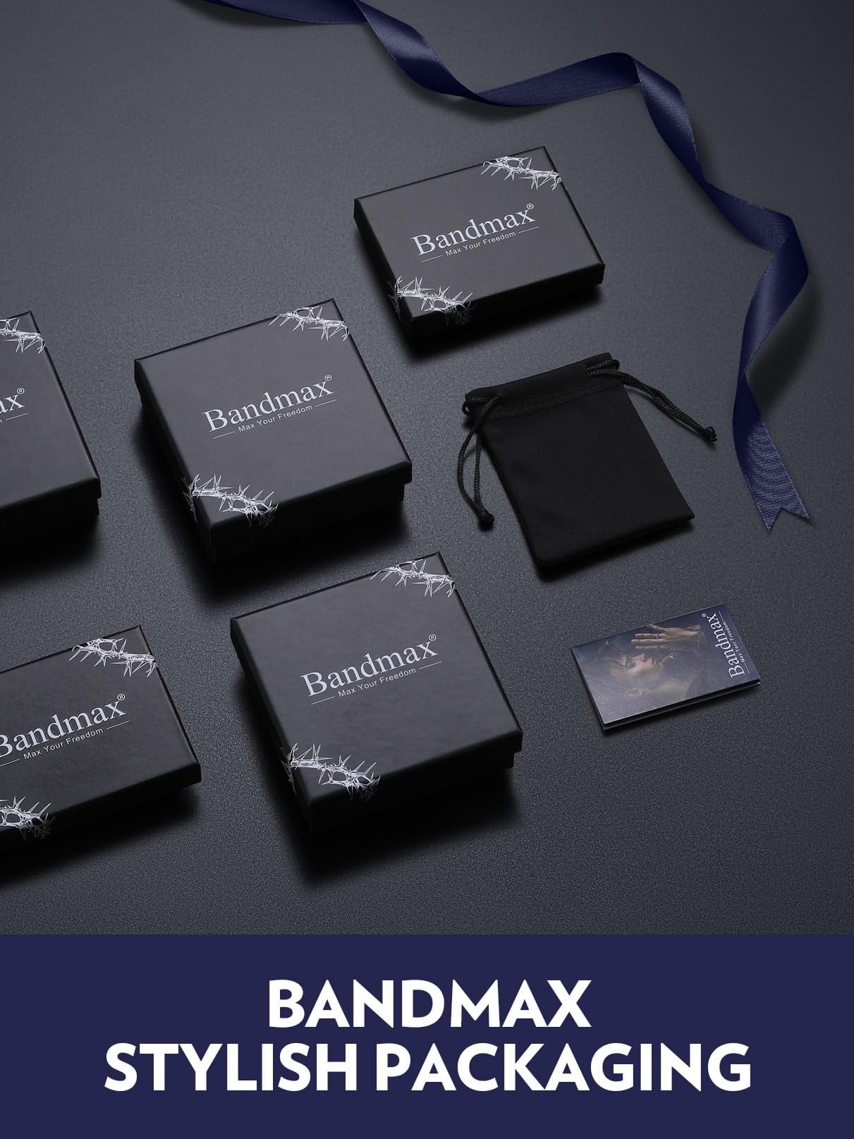 Bandmax Infinity Knot Leather Bracelet for Men, Stainless Steel Cuff with Message Card (Black, 8.3 in) vtnm0