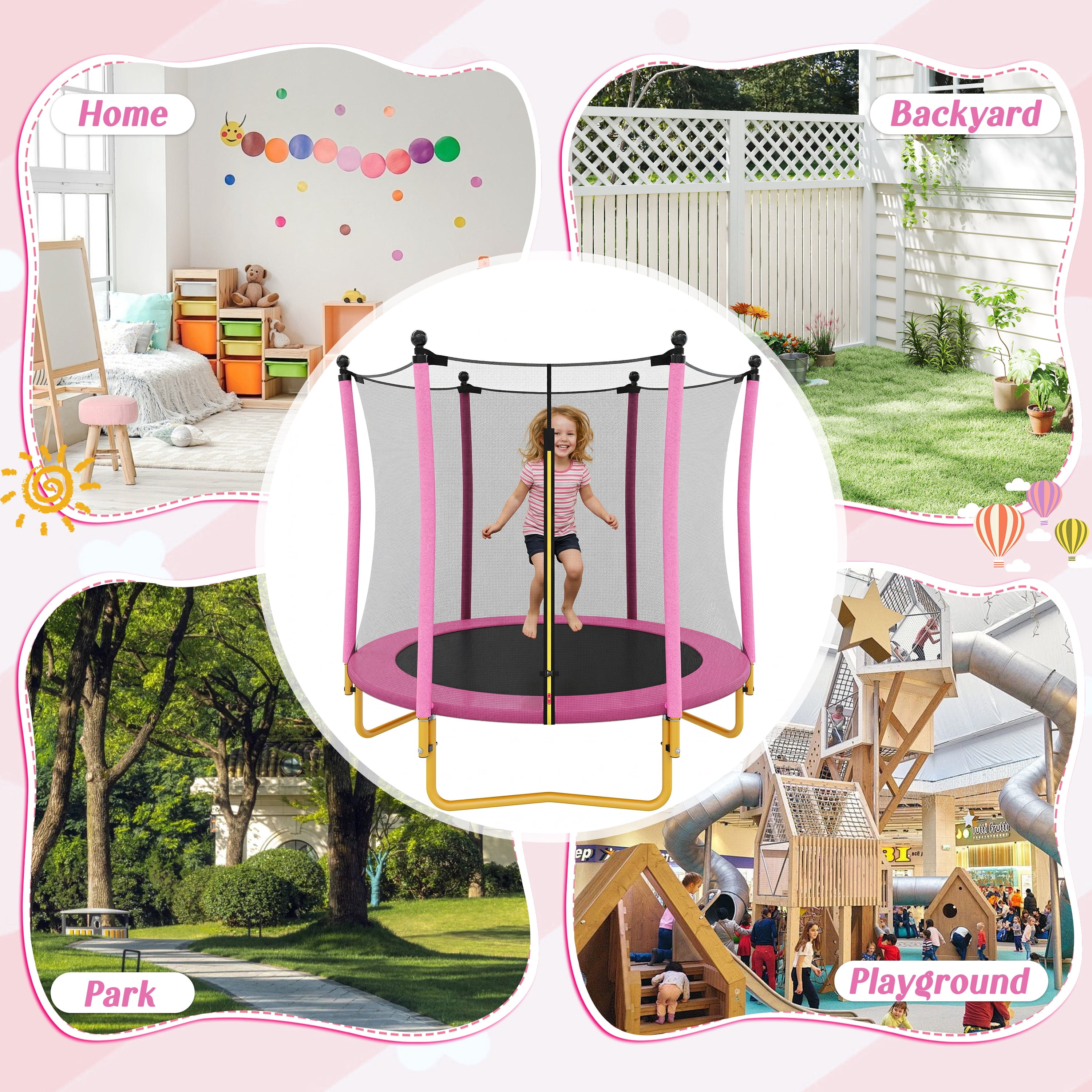 Segmart Kids Trampoline with Safety Enclosure Net and Padded Frame (Pink, 65 in) ex5fj