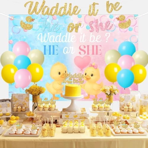 Duck Gender Reveal Party Decoration Set with Backdrop Banner Cake Toppers and Balloons (Blue and Pink, 1 Set) nxeic
