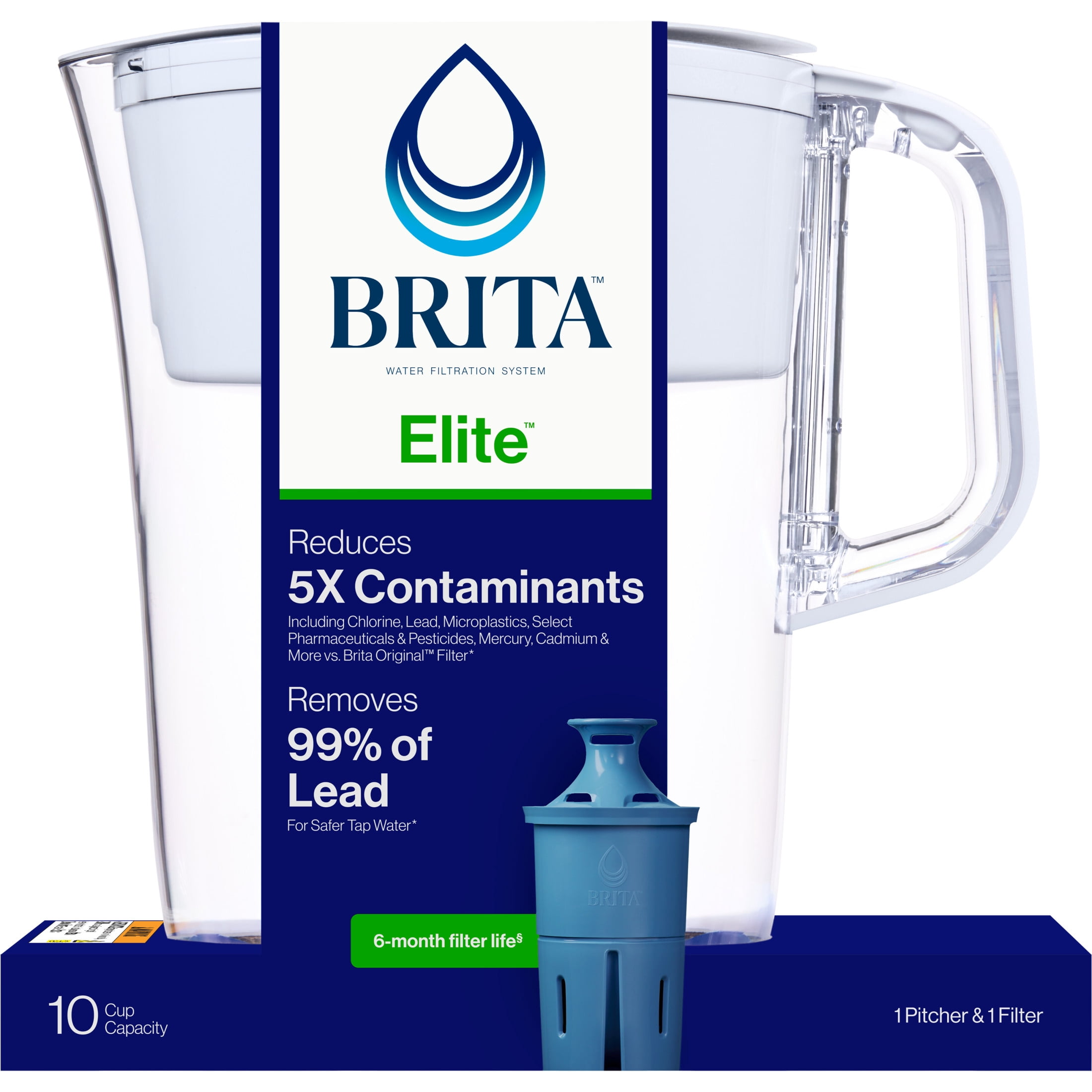 Brita Elite Water Filtration Pitcher, BPA-Free Plastic, Reduces Lead and Chlorine (White, 10-Cup) eqw8h
