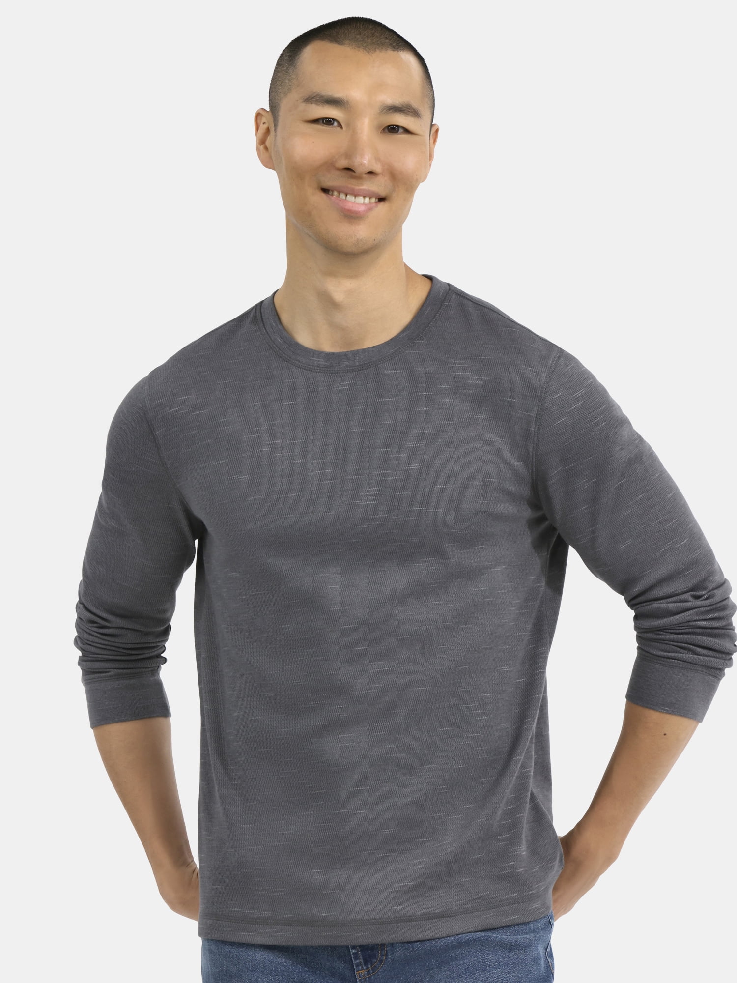 George Men's Slub Texture Thermal Shirt Long Sleeve Crewneck (Grey, XS) mb9t8