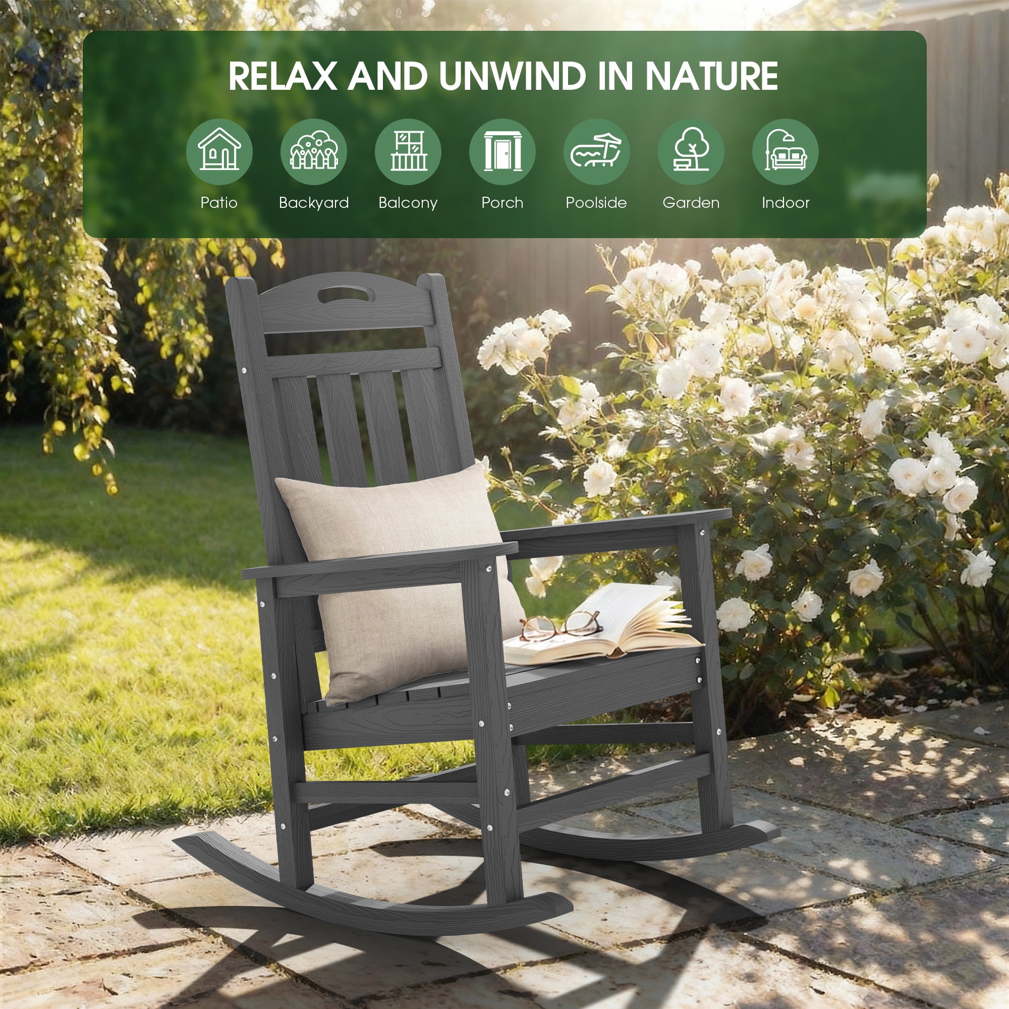 SUUNYN Oversized HDPE Outdoor Rocking Chair, Weather-Resistant High Back Porch Rocker (Dark Gray, 380 lb Capacity) rwdmc
