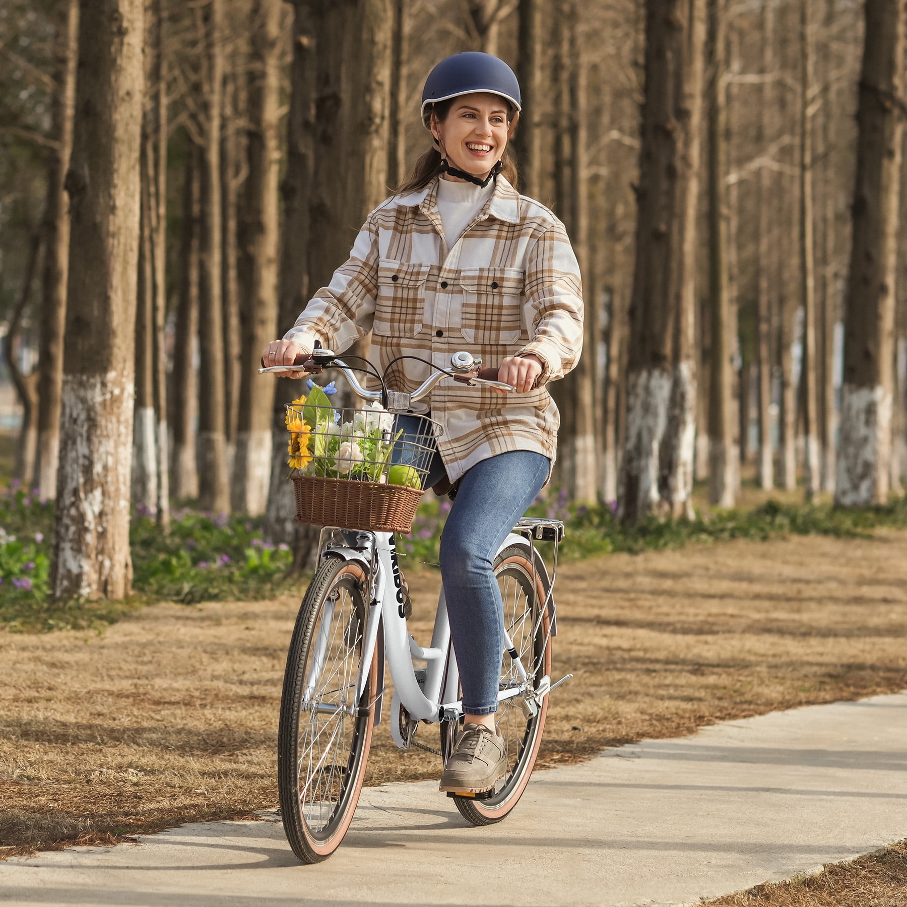 Viribus 24 in Women's Cruiser Bike, 7-Speed Beach and City Bicycle with Basket and Rack (White) 3vvao