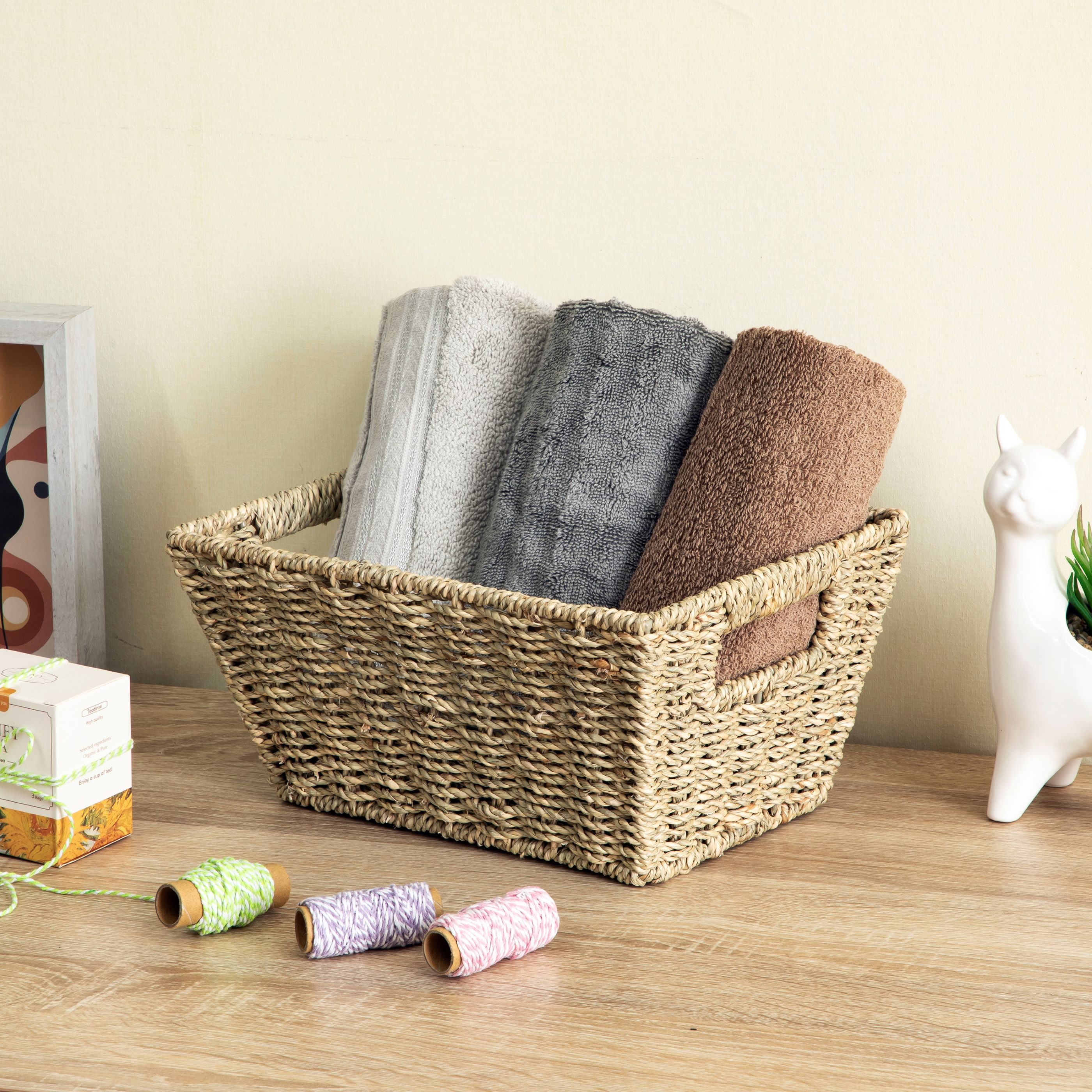 Mainstays Natural Handwoven Seagrass Basket, Decorative Storage Organizer (Rectangle, 12 in x 8 in x 6 in) w3a0o