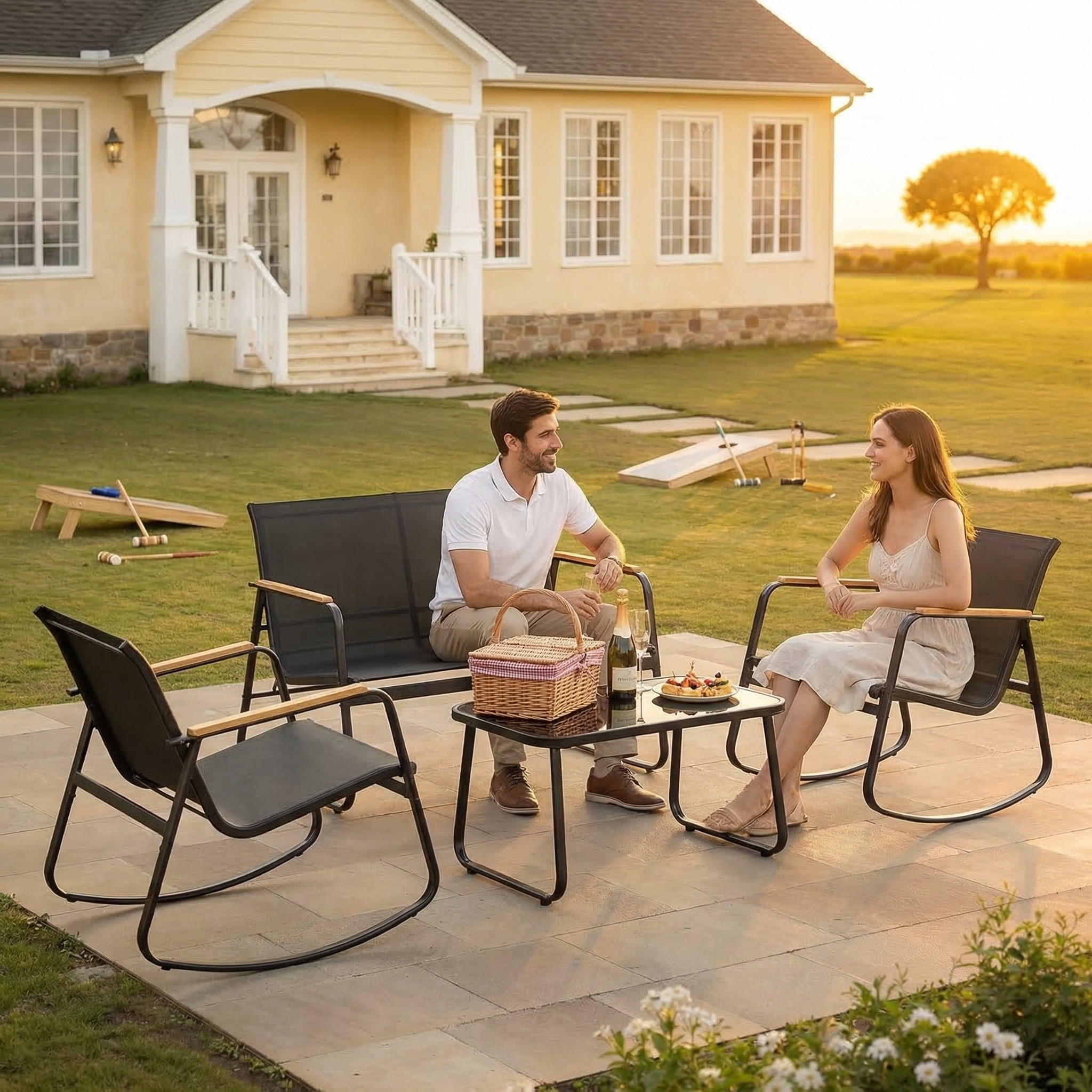 Jolifa 4-Piece Outdoor Conversation Set with Rocking Chairs and Coffee Table (Black, 4-Piece Set) 7cuwo