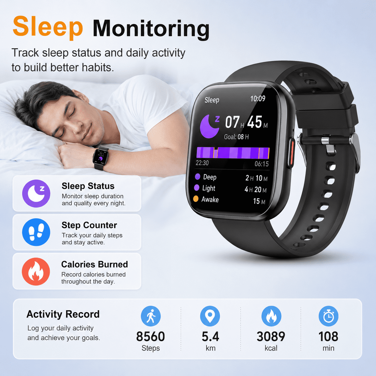 Geryst Smart Watch Bluetooth Call Fitness Tracker, 1.85 in HD Touch Screen Activity Monitor with Sleep Tracking (Black, 1.85 in) ontxa