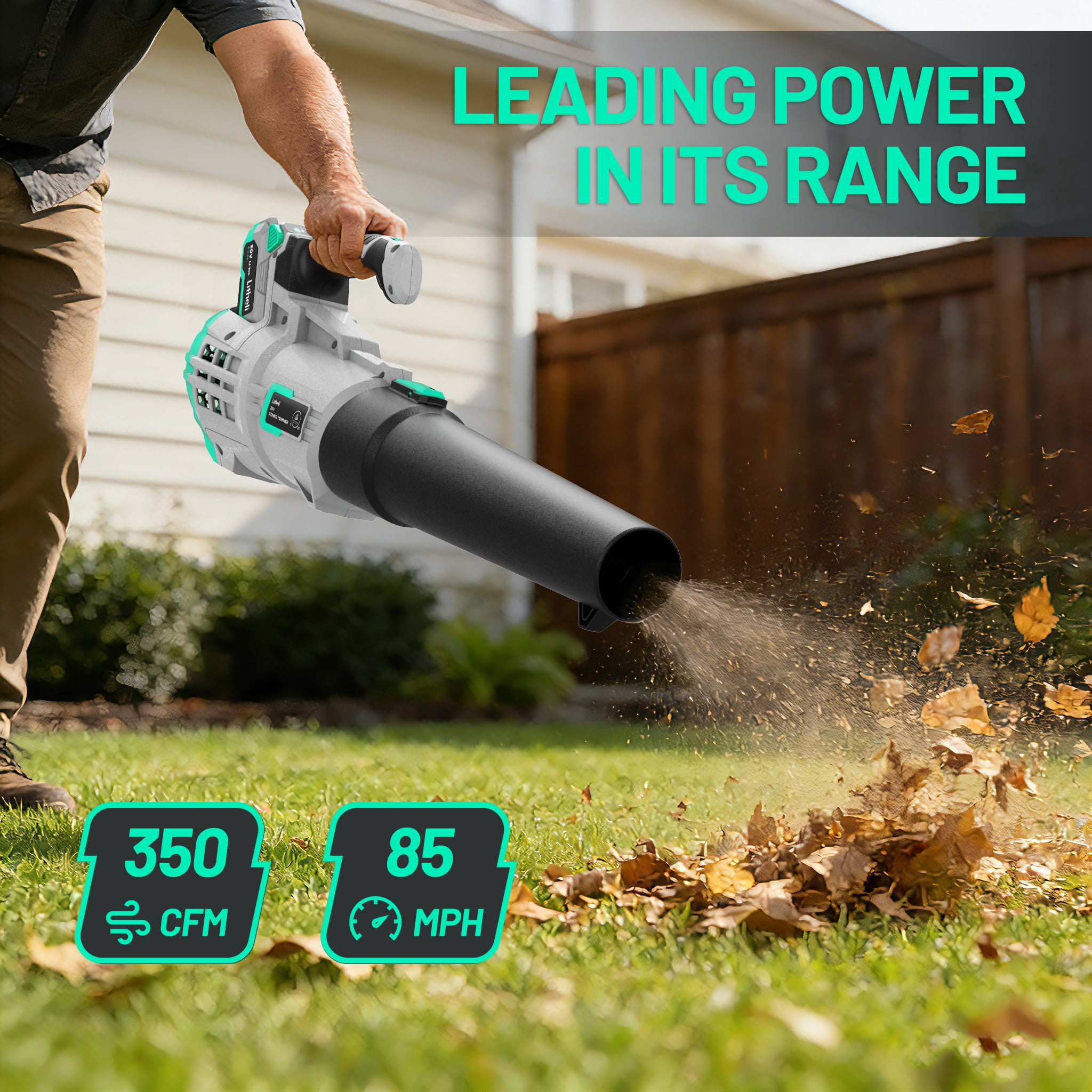 Litheli 20V Cordless Leaf Blower, 350CFM 2-Speed Turbine Electric Blower for Lawn and Yard Maintenance (4.0Ah Battery and Charger Included) 9bjkt
