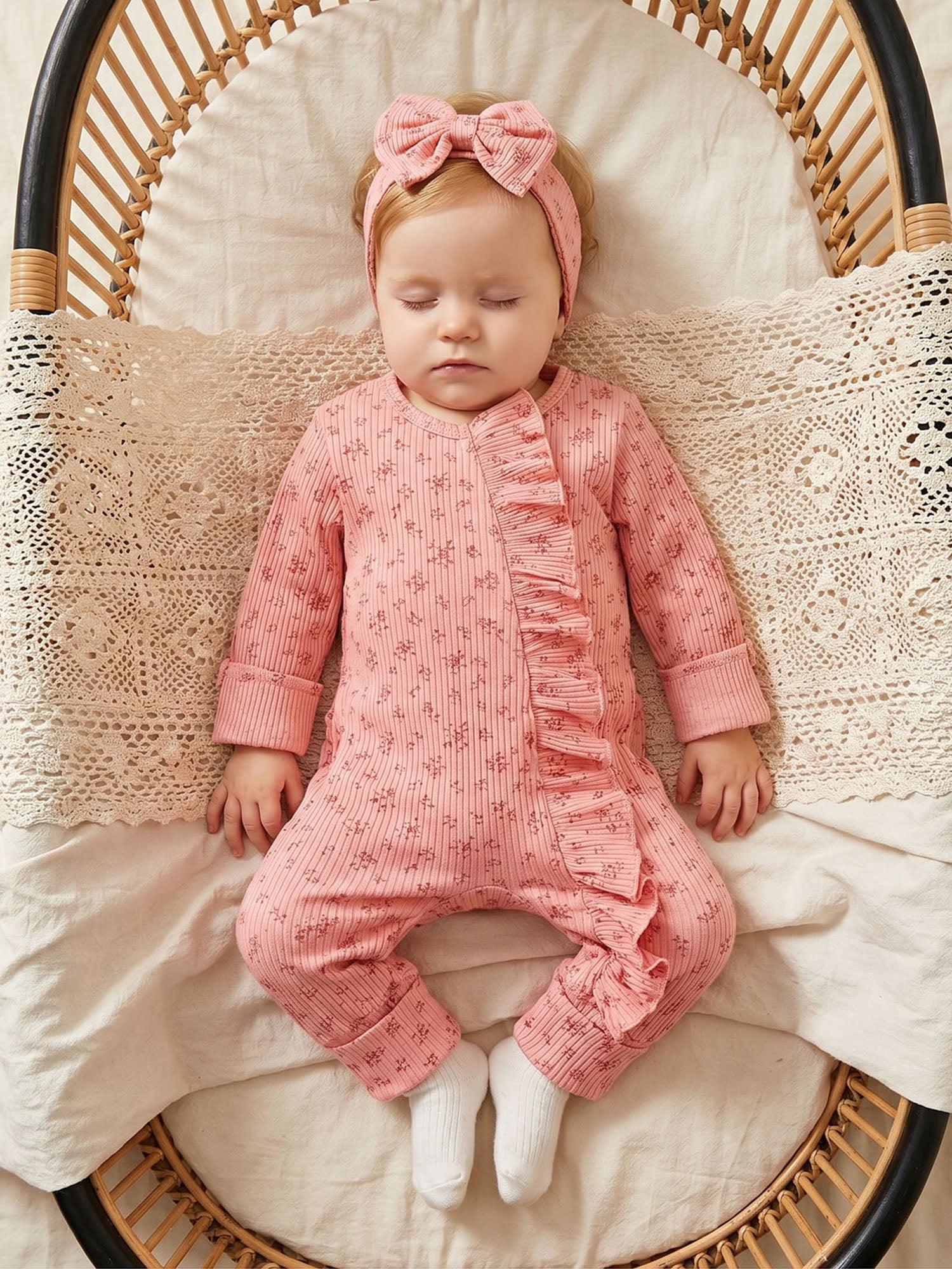 BemeyourBBs Newborn Baby Girl Ruffled Ribbed Romper and Headband Set (Pink, Preemie) df7ix