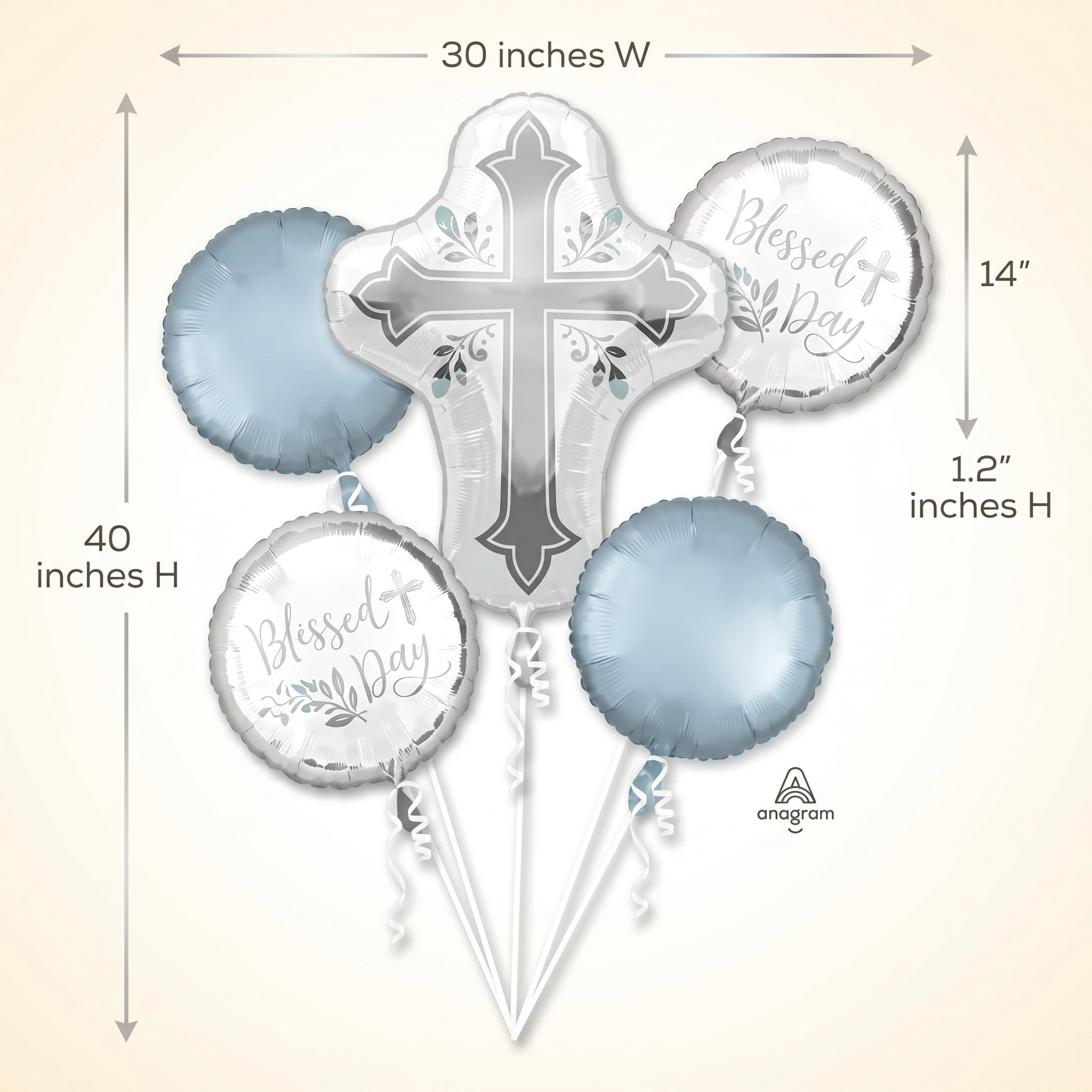 Anagram First Communion Balloon Bouquet (Blue and Silver, 5 Piece Set) 0lapm