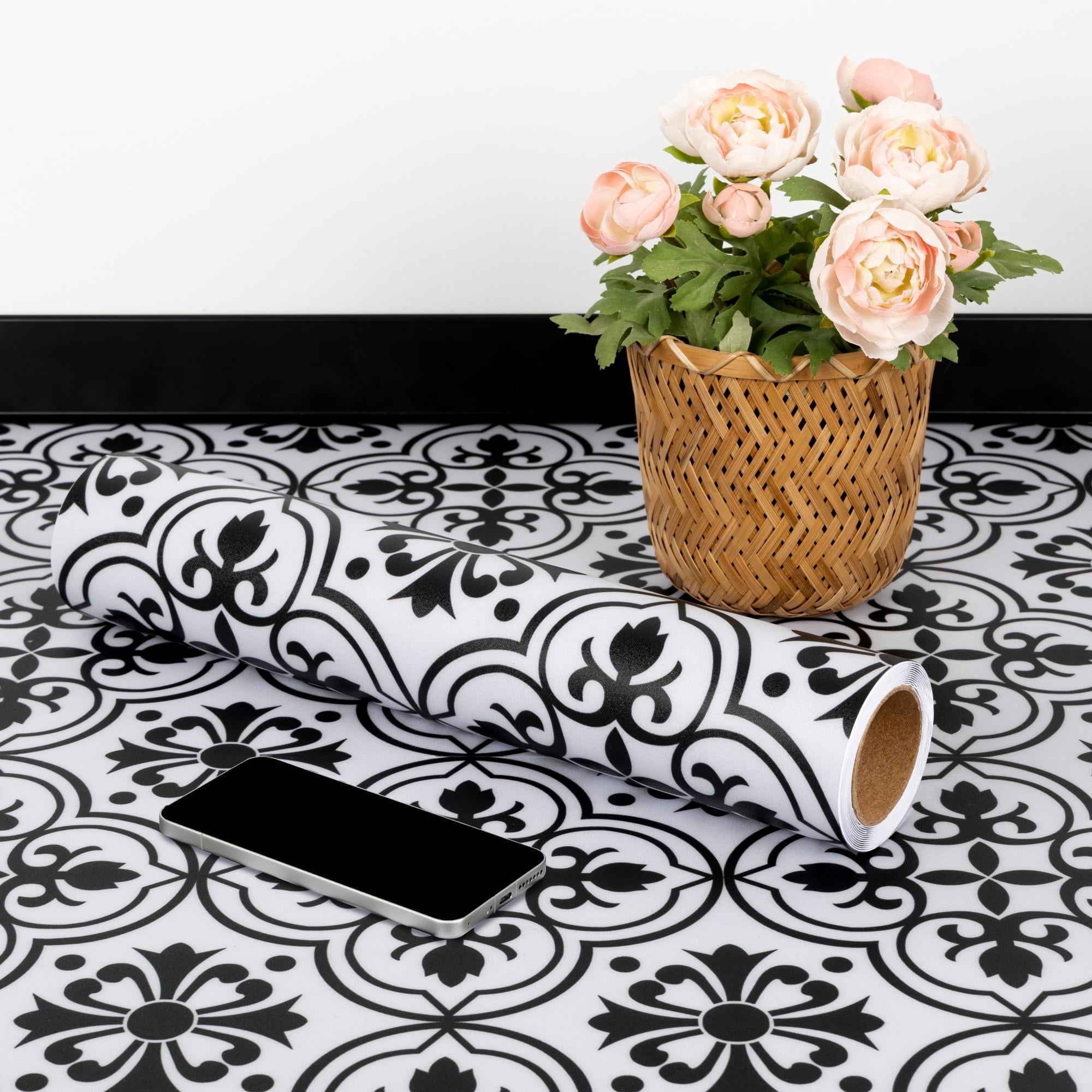 Abyssaly Peel and Stick Vinyl Flooring Tile, Waterproof Self-Adhesive Decorative Floor Covering for Kitchen and Bathroom (Black and White Flower, 15.7 in x 157.5 in) x09m8