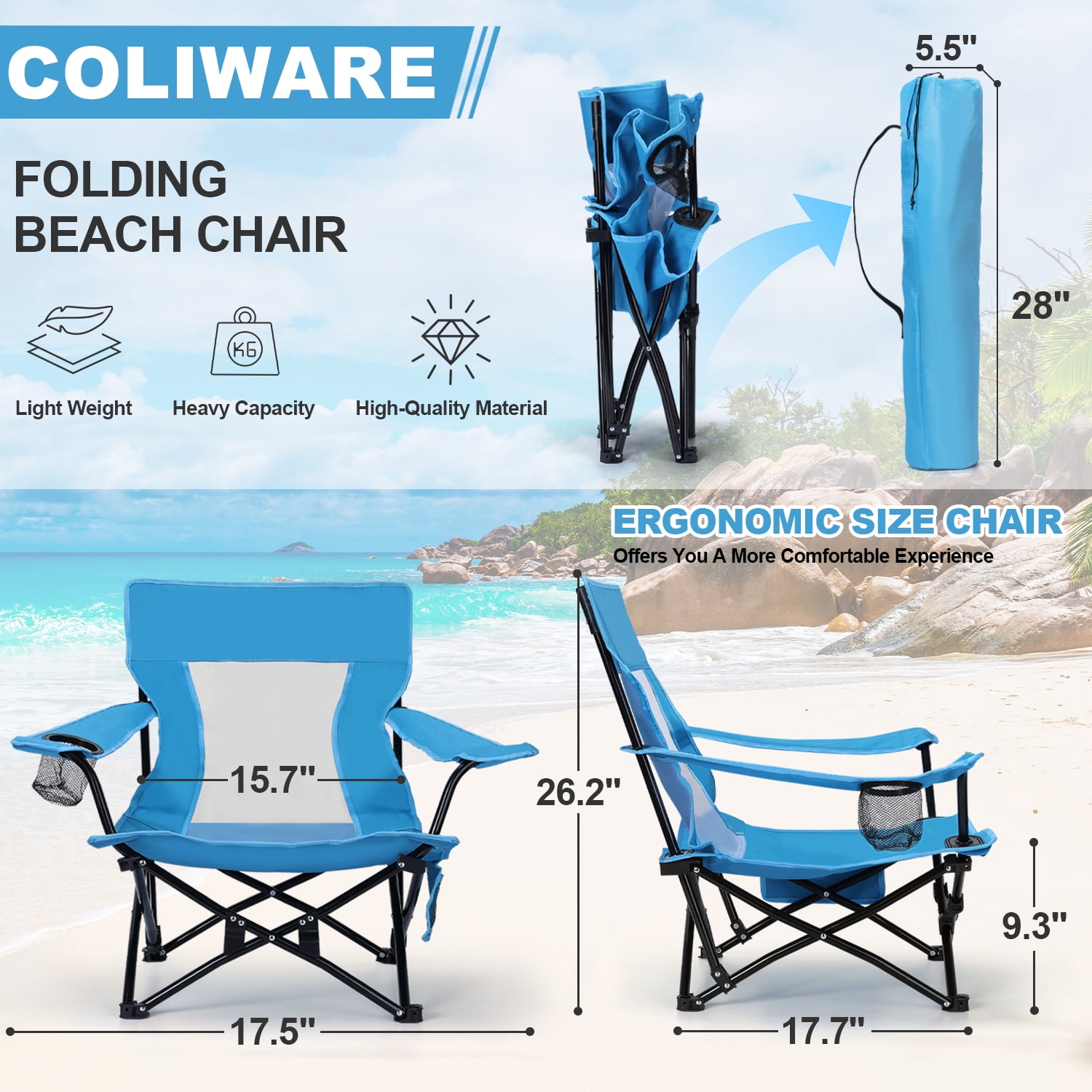 Coliware Folding Backpack Beach Chair, Heavy-Duty Portable Camping Chair with Cup Holder (Blue, 17.5 x 17.7 x 26.2 in) 21um3